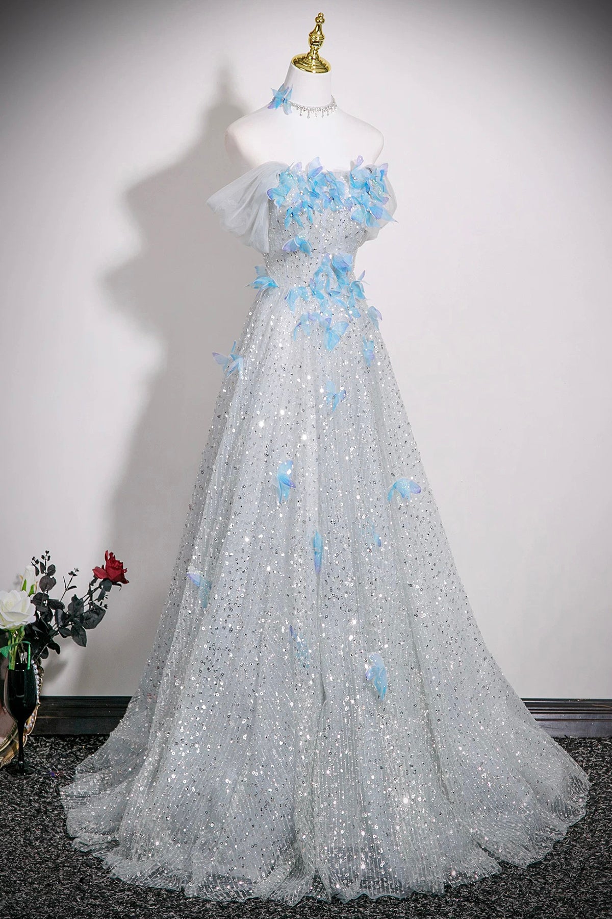 Silver Sequins and Blue Butterfly Long Prom Dress, Beautiful A-Line Ev
