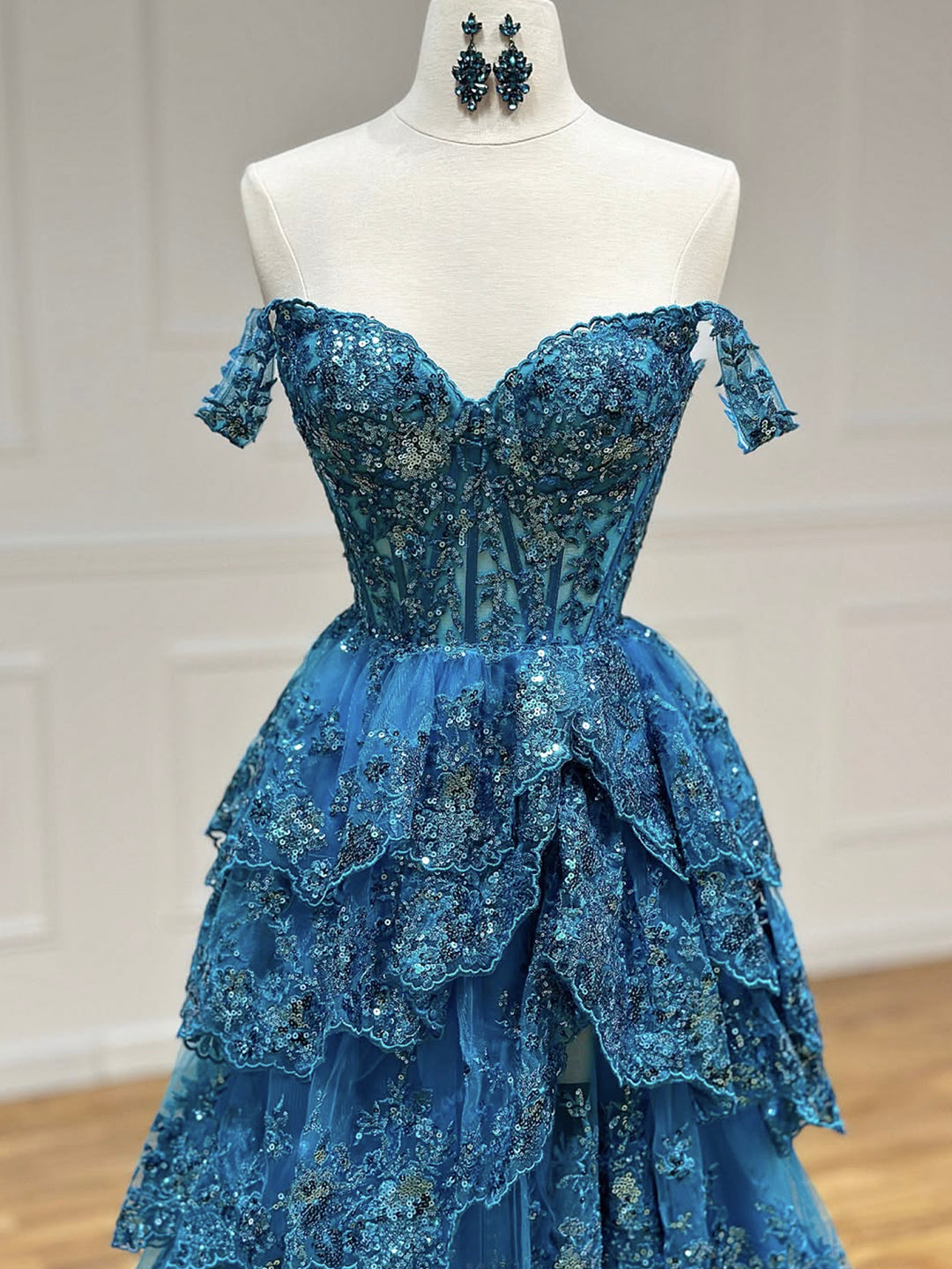 Blue Lace Sequins Layered Long Prom Dresses, Beautiful Off the Shoulde – Loveydress