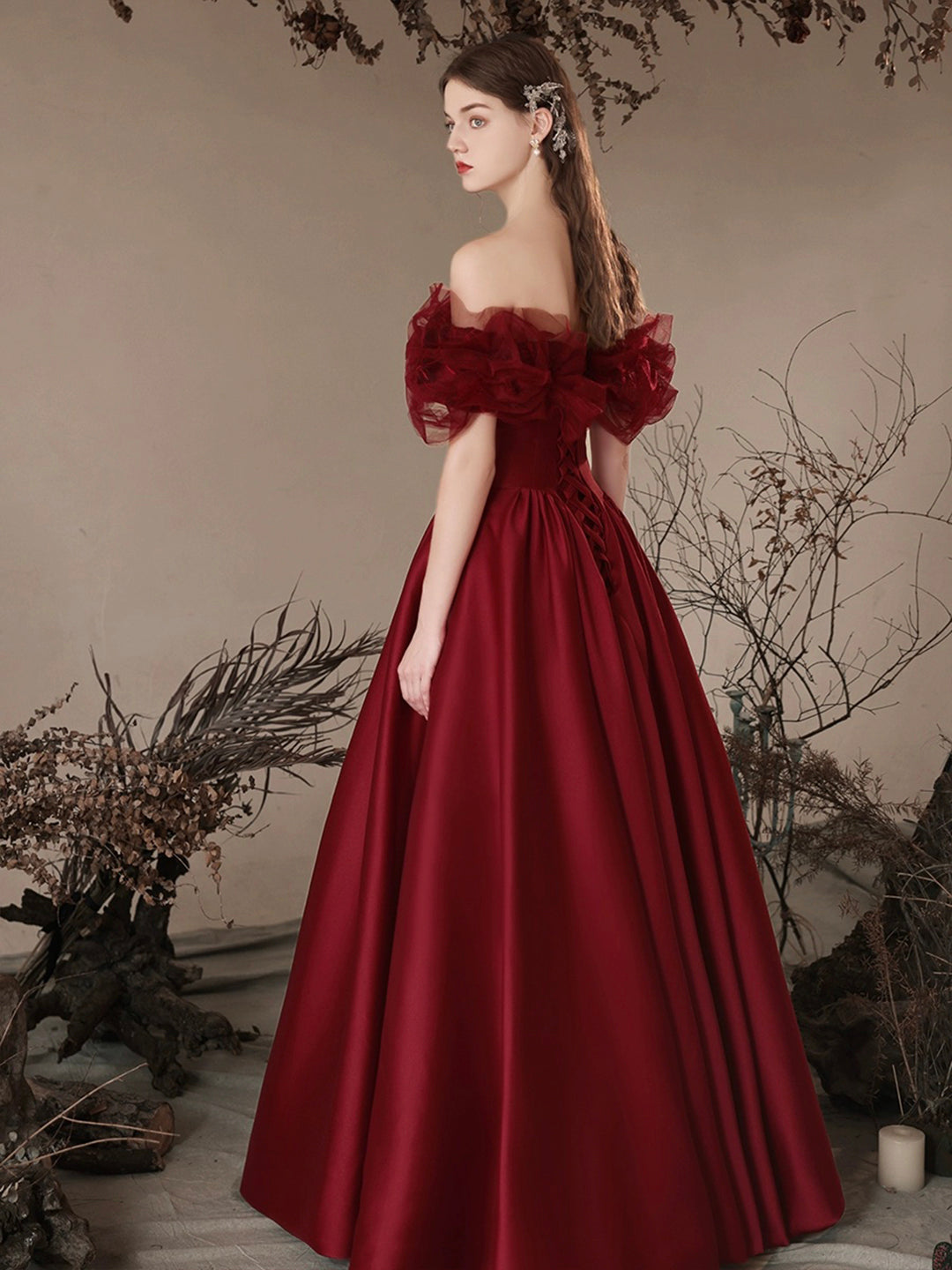Burgundy Satin Off the Shoulder Floor Length Prom Dress, Beautiful A-L – Loveydress