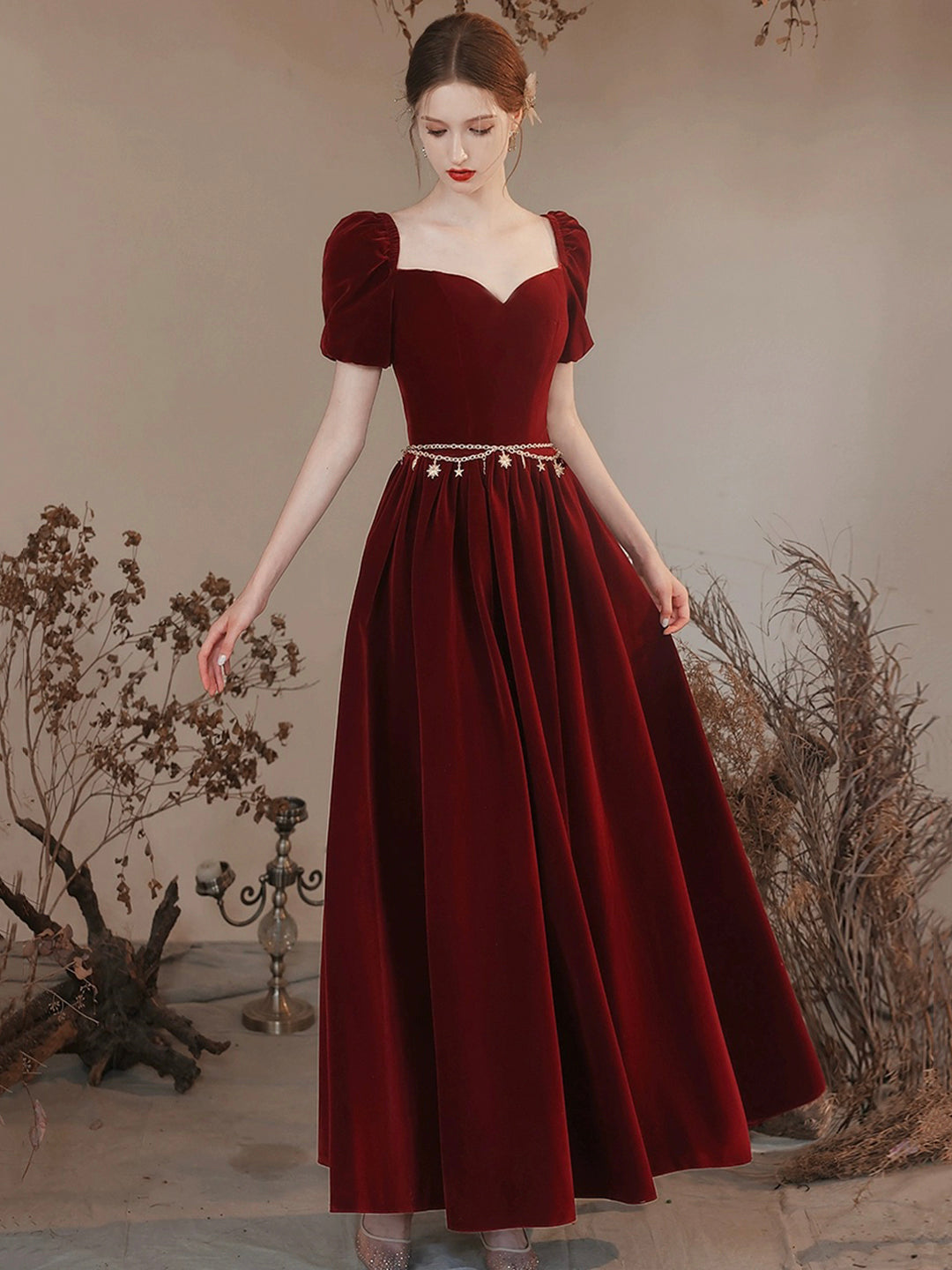 maroon long sleeve prom dress Prom Dress with Long Sleeves and Floral Embroidery Burgundy Colored Court Train ARD2499