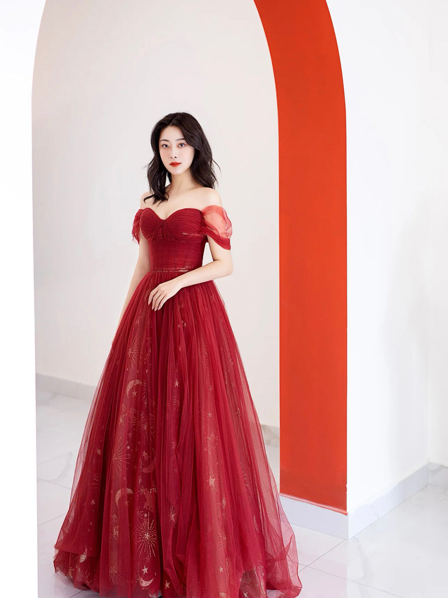 Burgundy Tulle Long Prom Dress, Beautiful A-Line Off the Shoulder Even ...