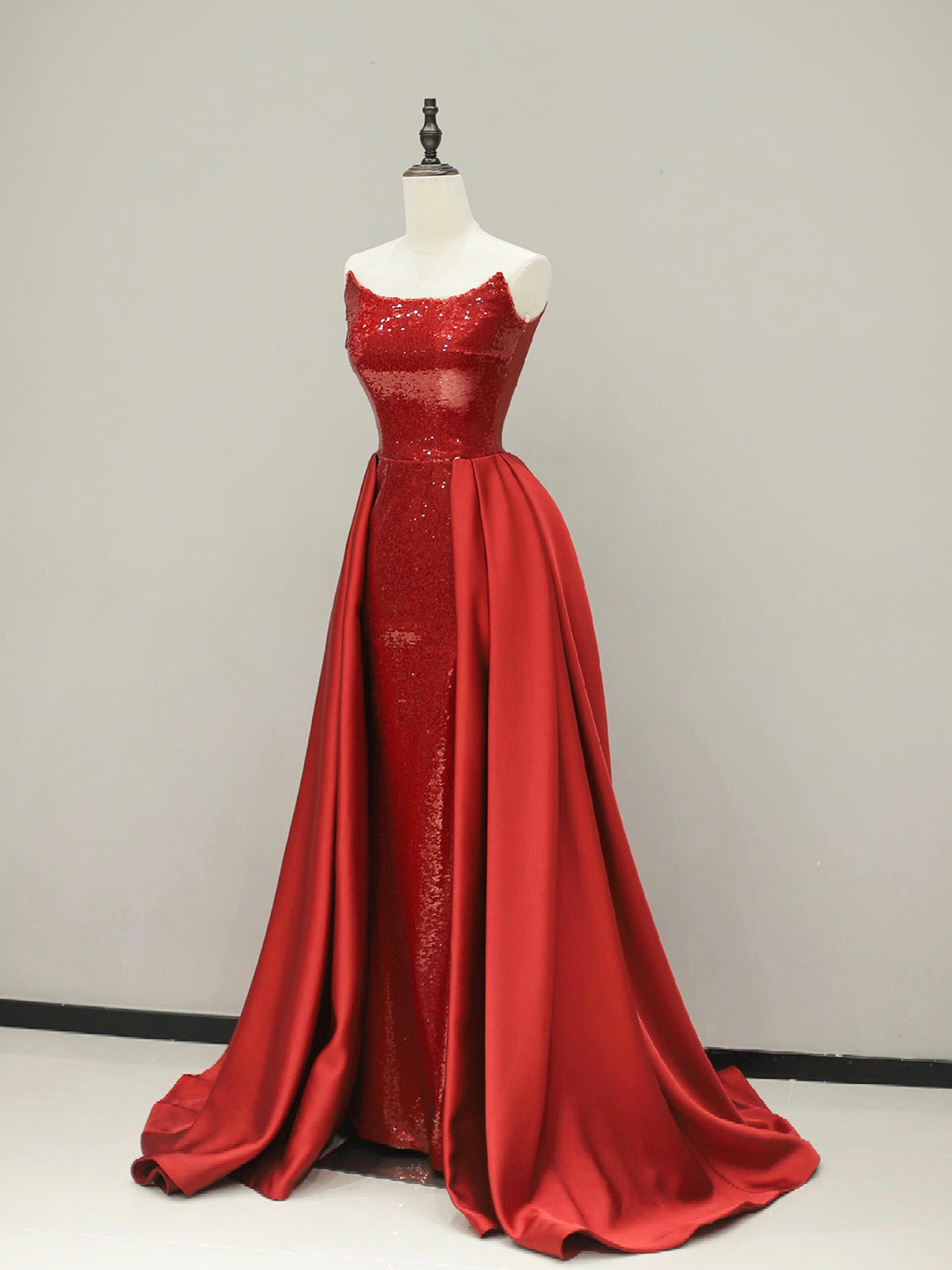 Wine Red Sequin Mermaid Evening Dresses with Overskirt, Elegant Strapless Party Dresses Custom Size / Wine Red Wine Red Sequin Mermaid Evening Dresses with Overskirt, Elegant Strapless Party Dresses Custom Size / Wine Red