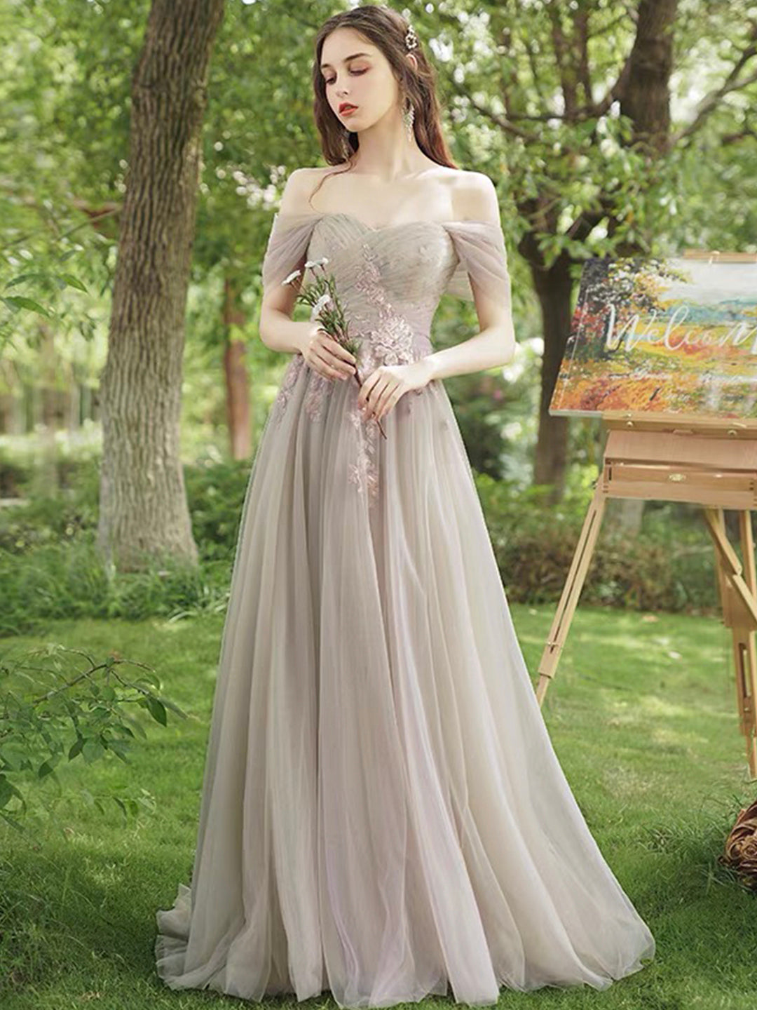 A-Line Tulle Lace Floor Length Prom Dress, Beautiful Evening Party Dre