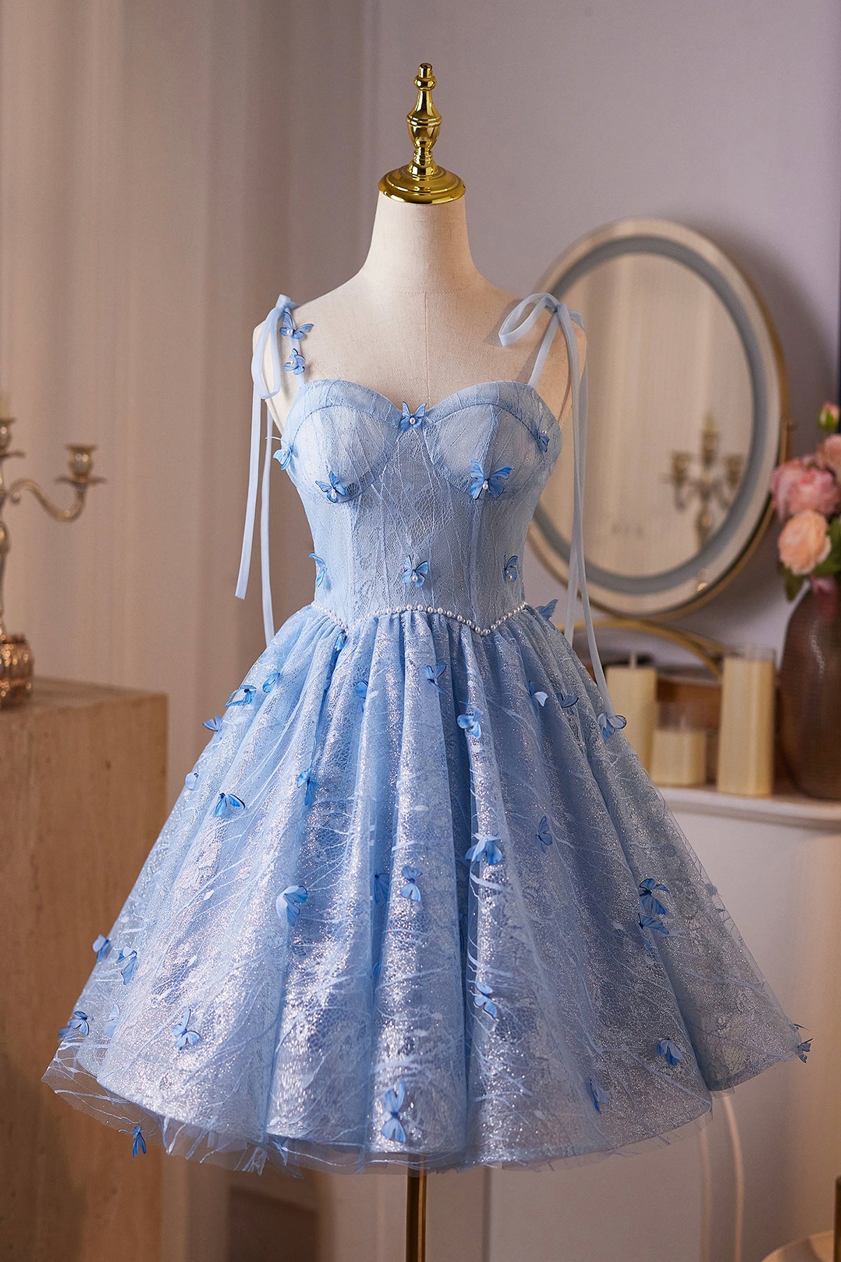 Blue Tulle Lace Short A-Line Prom Party Dress, Cute Spaghetti Strap Homecoming Dress US 14 / Blue Blue Tulle Lace Short A-Line Prom Party Dress, Cute Spaghetti Strap Homecoming Dress US 14 / Blue