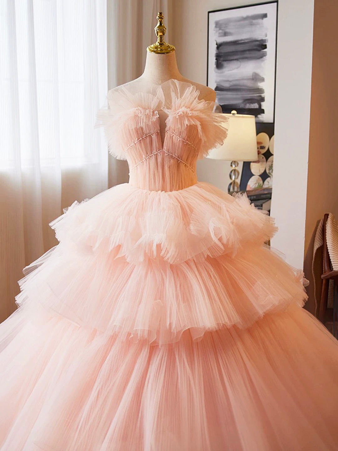 Pink Tulle Layers Ruffles Long Prom Dress, Beautiful Sweet 16 Dress Pa – Loveydress