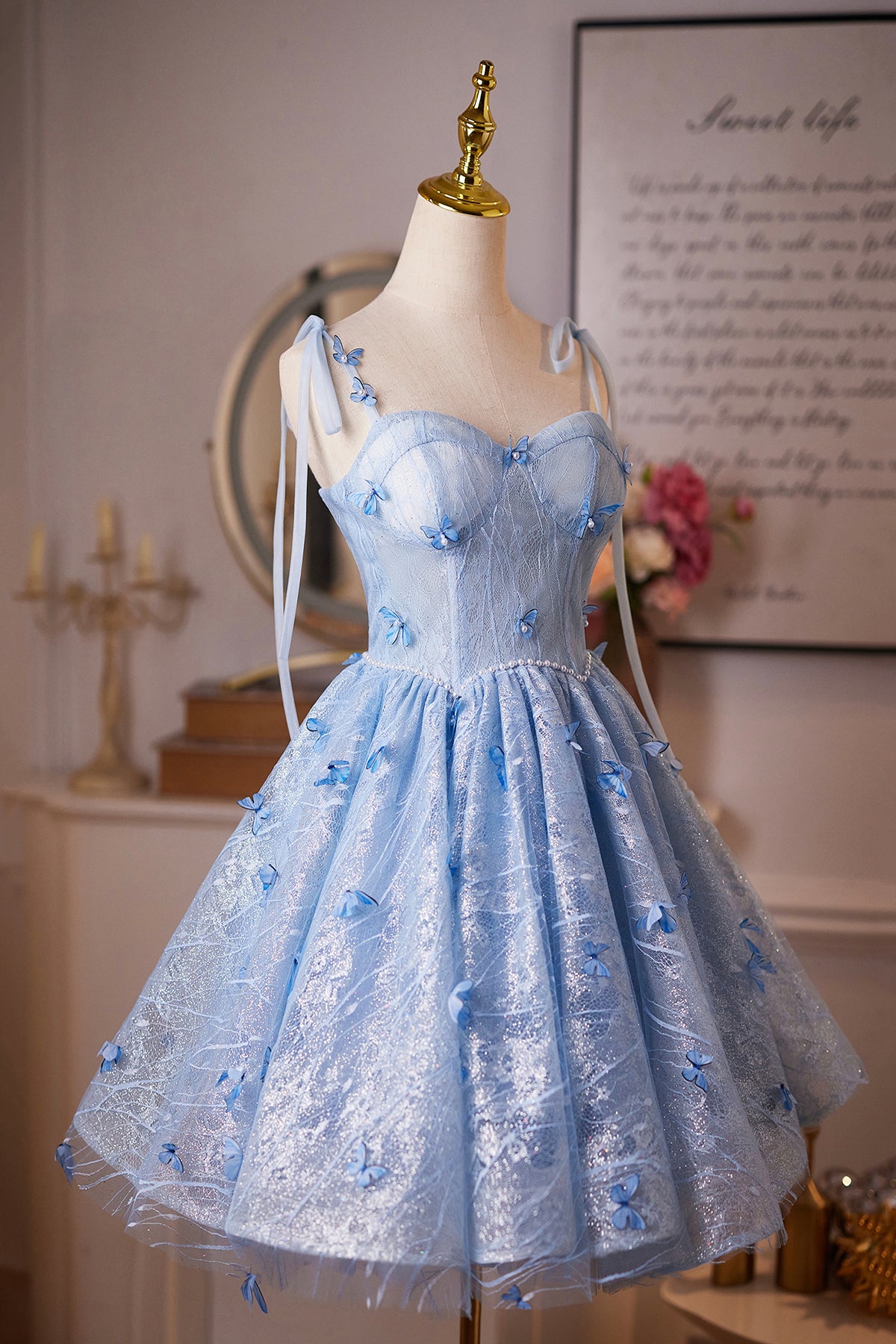 Blue Tulle Lace Short A-Line Prom Party Dress, Cute Spaghetti Strap Ho – Loveydress