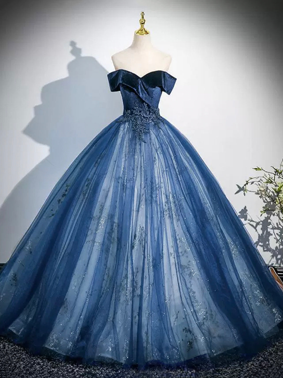 Blue Velvet and Tulle Long Formal Dress, A-Line Off the Shoulder Prom Loveydress Blue Velvet and Tulle Long Formal Dress, A-Line Off the Shoulder Prom Loveydress
