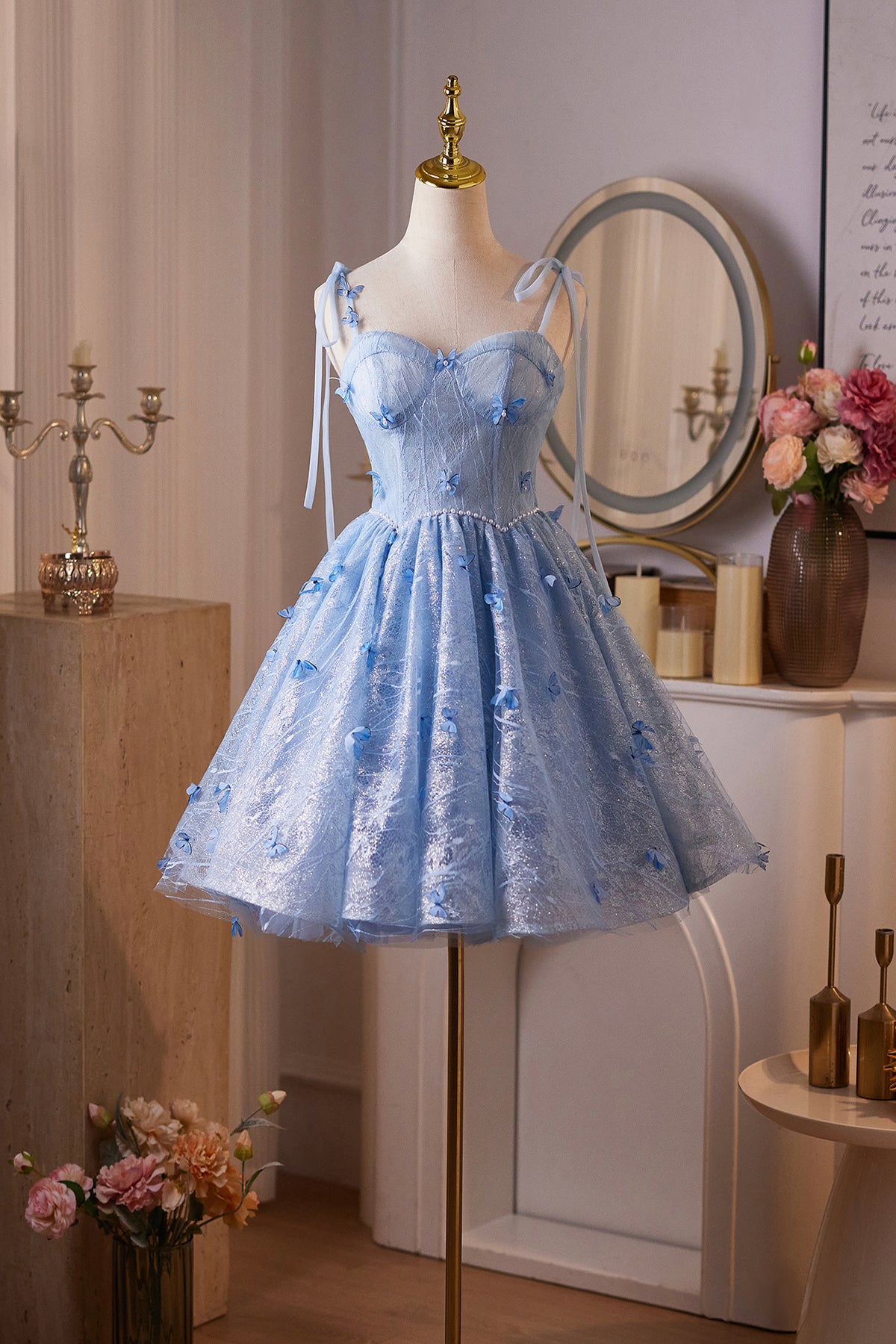 Blue Tulle Lace Short A-Line Prom Party Dress, Cute Spaghetti Strap Homecoming Dress US 14 / Blue Blue Tulle Lace Short A-Line Prom Party Dress, Cute Spaghetti Strap Homecoming Dress US 14 / Blue