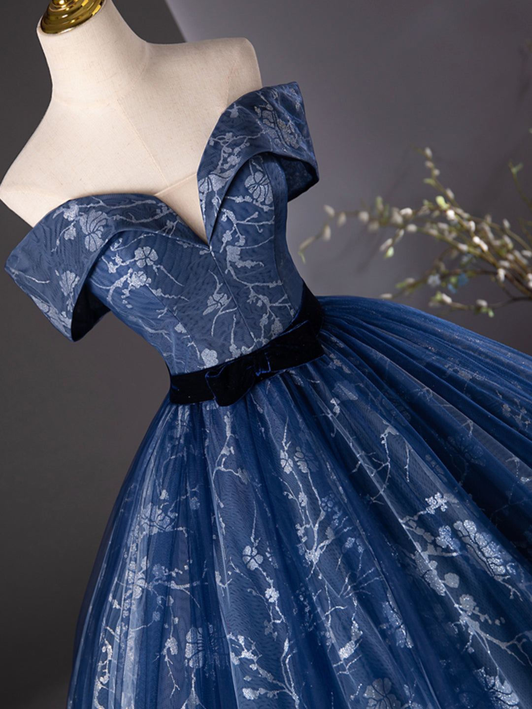 Navy Blue Glitter Printing Prom Dress, A-Line Off the Shoulder Evening Loveydress Navy Blue Glitter Printing Prom Dress, A-Line Off the Shoulder Evening Loveydress
