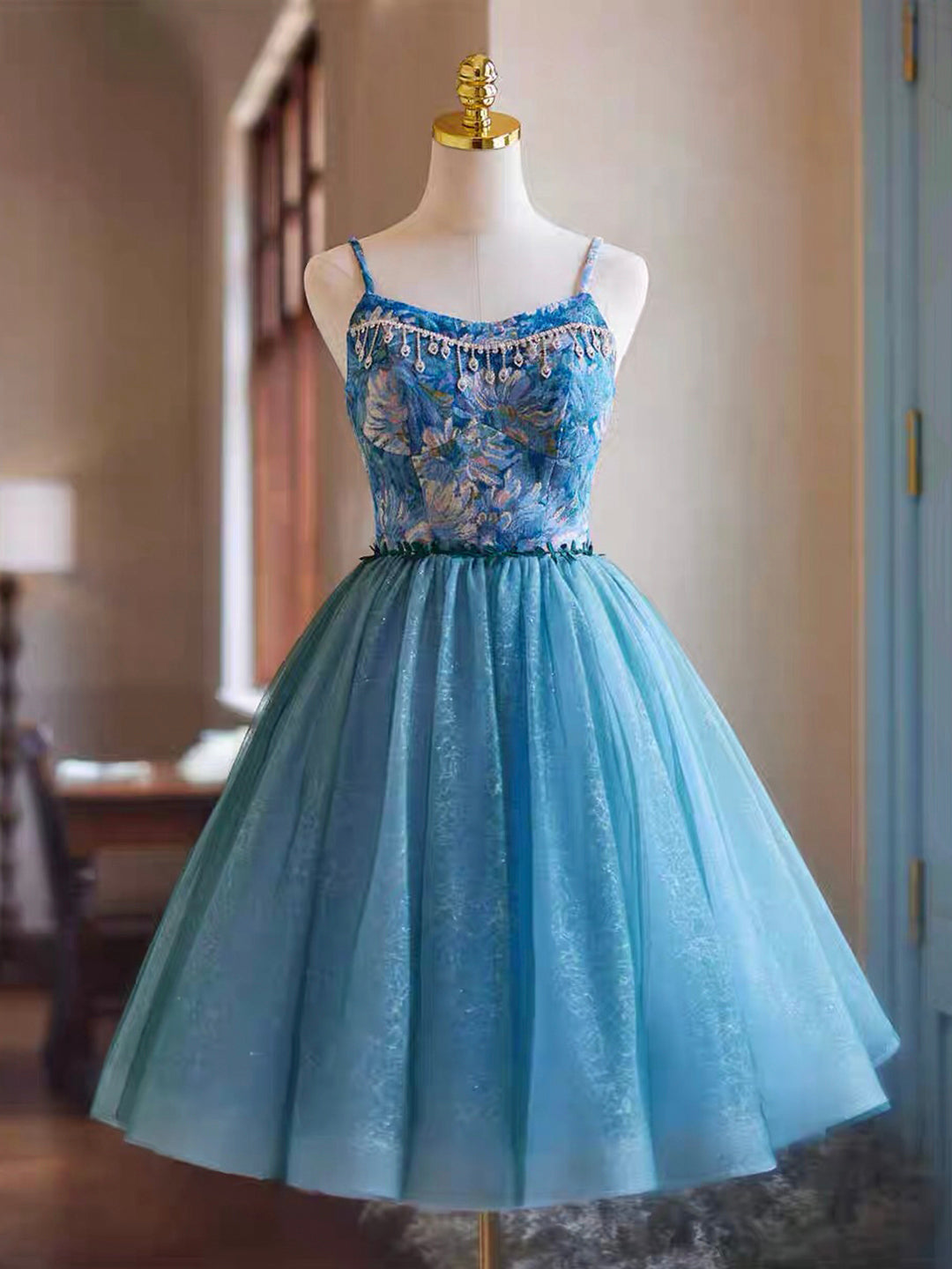 Blue Rhinestone Printing and Tulle Short Homecoming Dress, Beautiful Spaghetti Straps Sleeveless Backless Party Dress US 14 / Blue Blue Rhinestone Printing and Tulle Short Homecoming Dress, Beautiful Spaghetti Straps Sleeveless Backless Party Dress US 14 / Blue