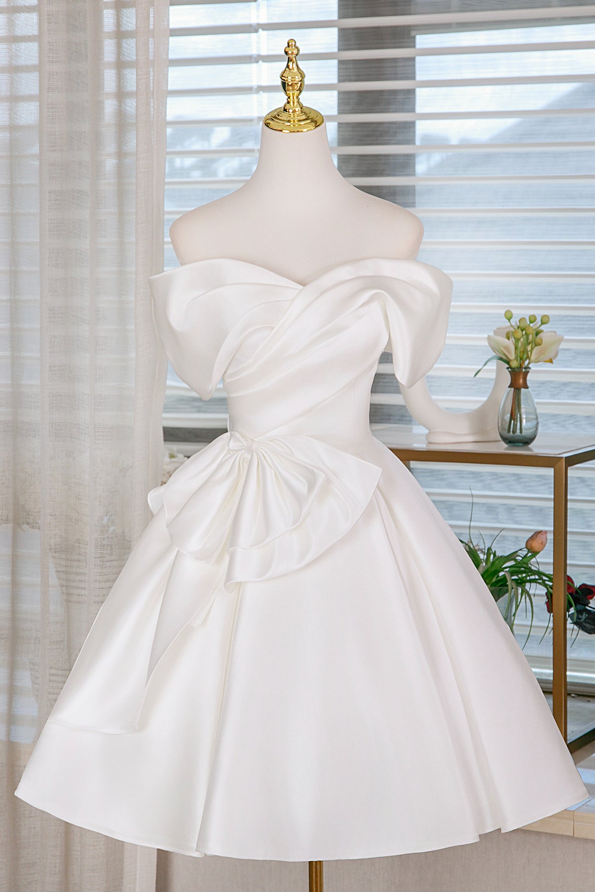 Simple Short White Dress White Satin Knee Length Prom Dress, A-Line Off The Shoulder Party Simple Short White Dress White Satin Knee Length Prom Dress, A-Line Off The Shoulder Party