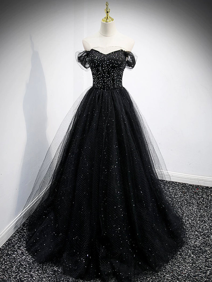 Black Tulle Beaded Floor Length Prom Dress Black A Line Off Shoulder Loveydress 1582