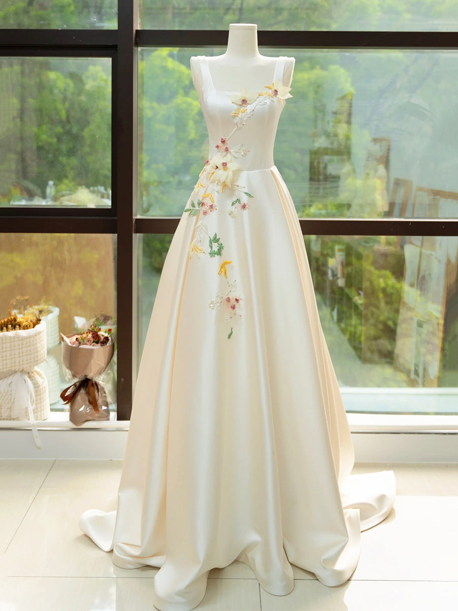 Satin A-Line/Princess V-Neck Floor-Length Formal Dresses with 3D Flowers main image 1