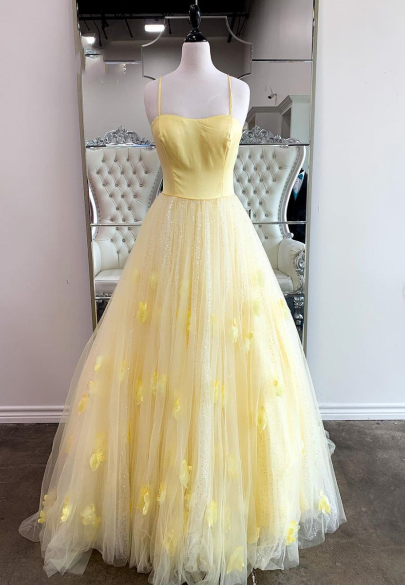 Yellow Spaghetti Strap Long Prom Dresses, A-Line Evening Dresses ...