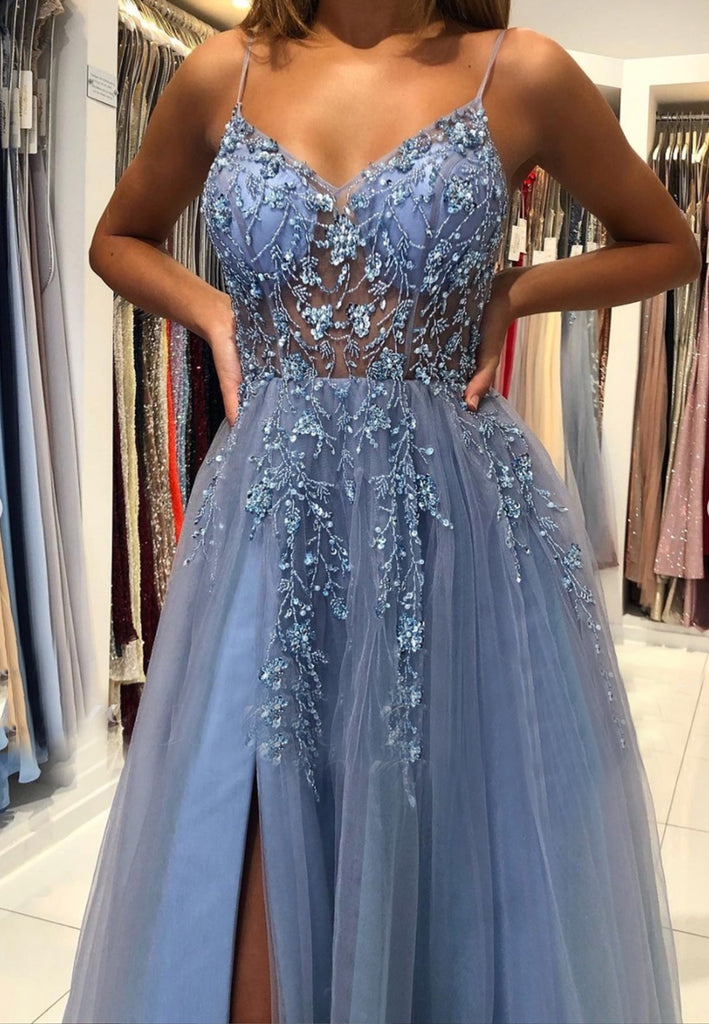 Blue V-Neck Tulle Beading Long Prom Dresses, Blue Graduation Dresses