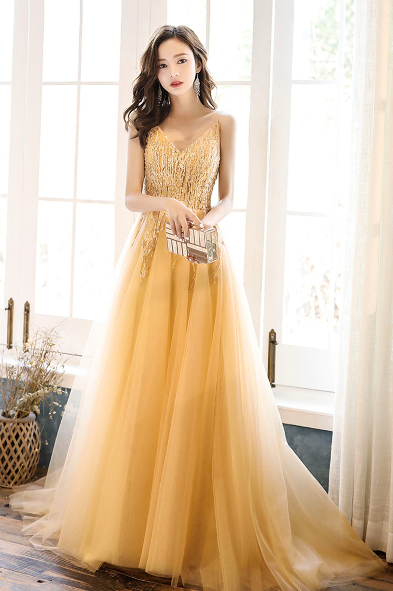 Yellow Tulle Lace Long Prom Dress, A-Line Evening Party Dress US 12 / Yellow Yellow Tulle Lace Long Prom Dress, A-Line Evening Party Dress US 12 / Yellow