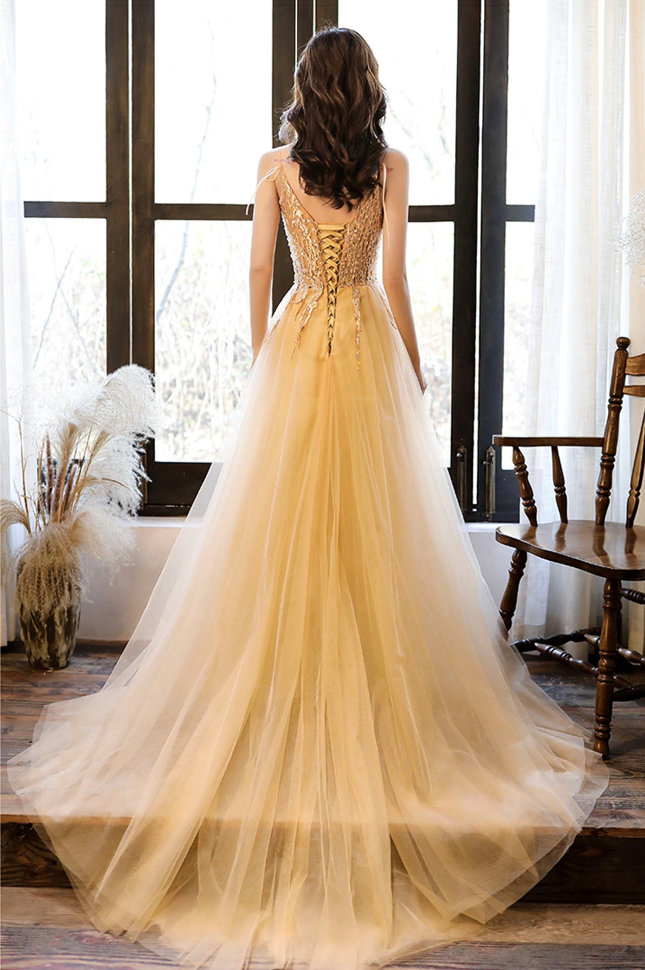 Yellow Tulle Lace Long Prom Dress, A-Line Evening Party Dress US 12 / Yellow Yellow Tulle Lace Long Prom Dress, A-Line Evening Party Dress US 12 / Yellow