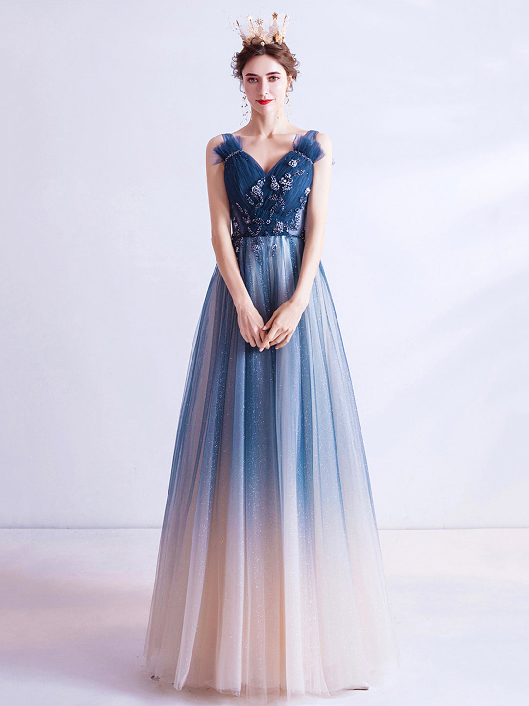 Blue V Neck Gradient Tulle Prom Dress with Beaded, Long A-Line Evening Dress US 4 / Blue Blue V Neck Gradient Tulle Prom Dress with Beaded, Long A-Line Evening Dress US 4 / Blue