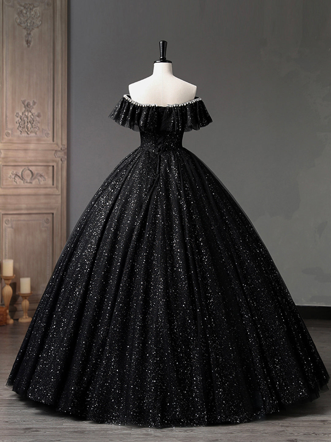 Black Tulle Long A-Line Prom Dress, Shiny Off Shoulder Evening Dress US 6 / Black Black Tulle Long A-Line Prom Dress, Shiny Off Shoulder Evening Dress US 6 / Black
