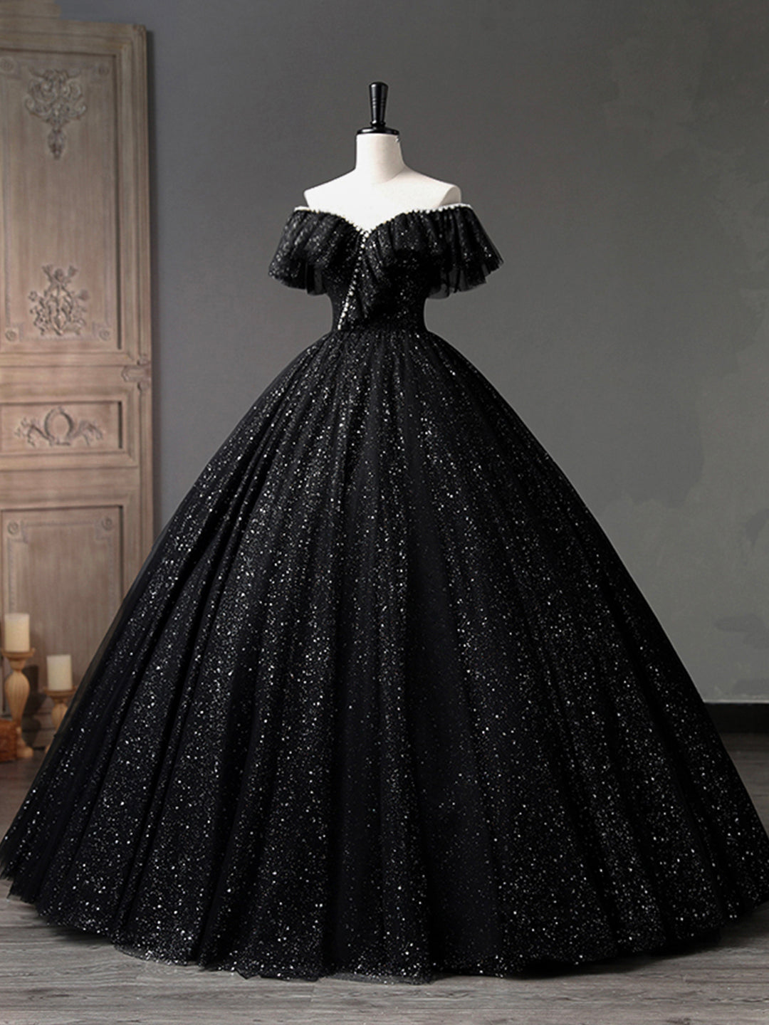 Black Tulle Long A-Line Prom Dress, Shiny Off Shoulder Evening Dress Loveydress Black Tulle Long A-Line Prom Dress, Shiny Off Shoulder Evening Dress Loveydress