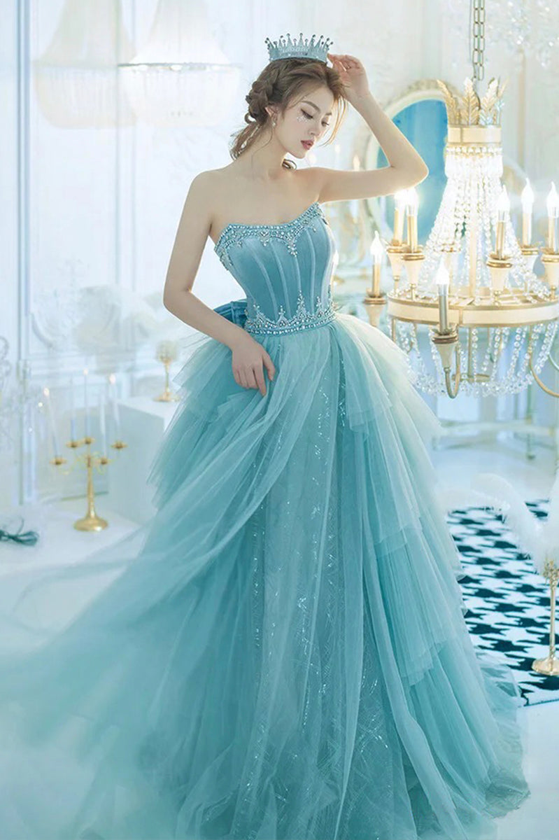 Blue Strapless Tulle Sequins Long Prom Dresses, Princess Evening Dress ...