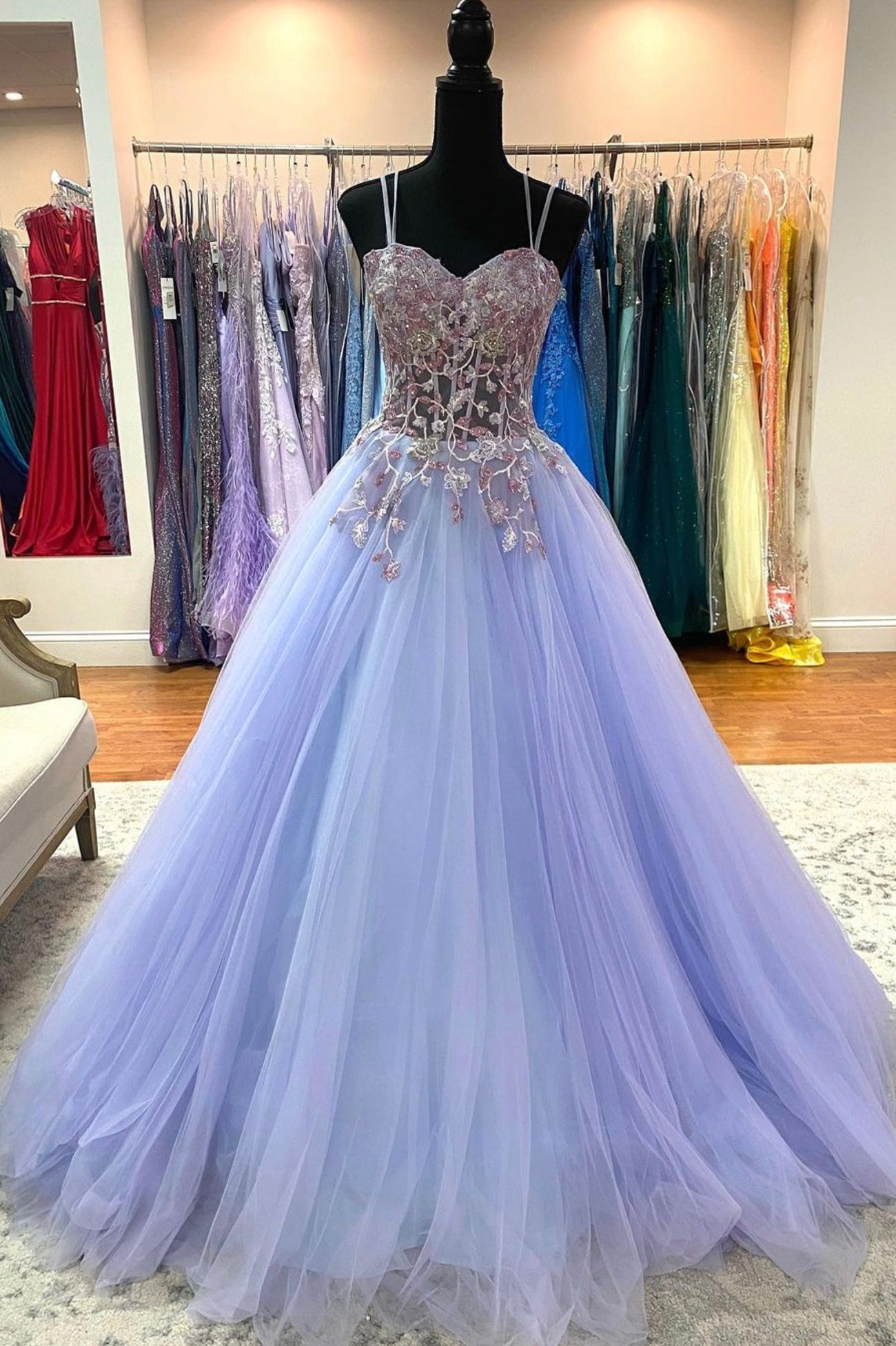 Purple Tulle Lace Long Prom Dresses, A-Line Spaghetti Straps Graduation Dresses US 12 / Custom Color Purple Tulle Lace Long Prom Dresses, A-Line Spaghetti Straps Graduation Dresses US 12 / Custom Color