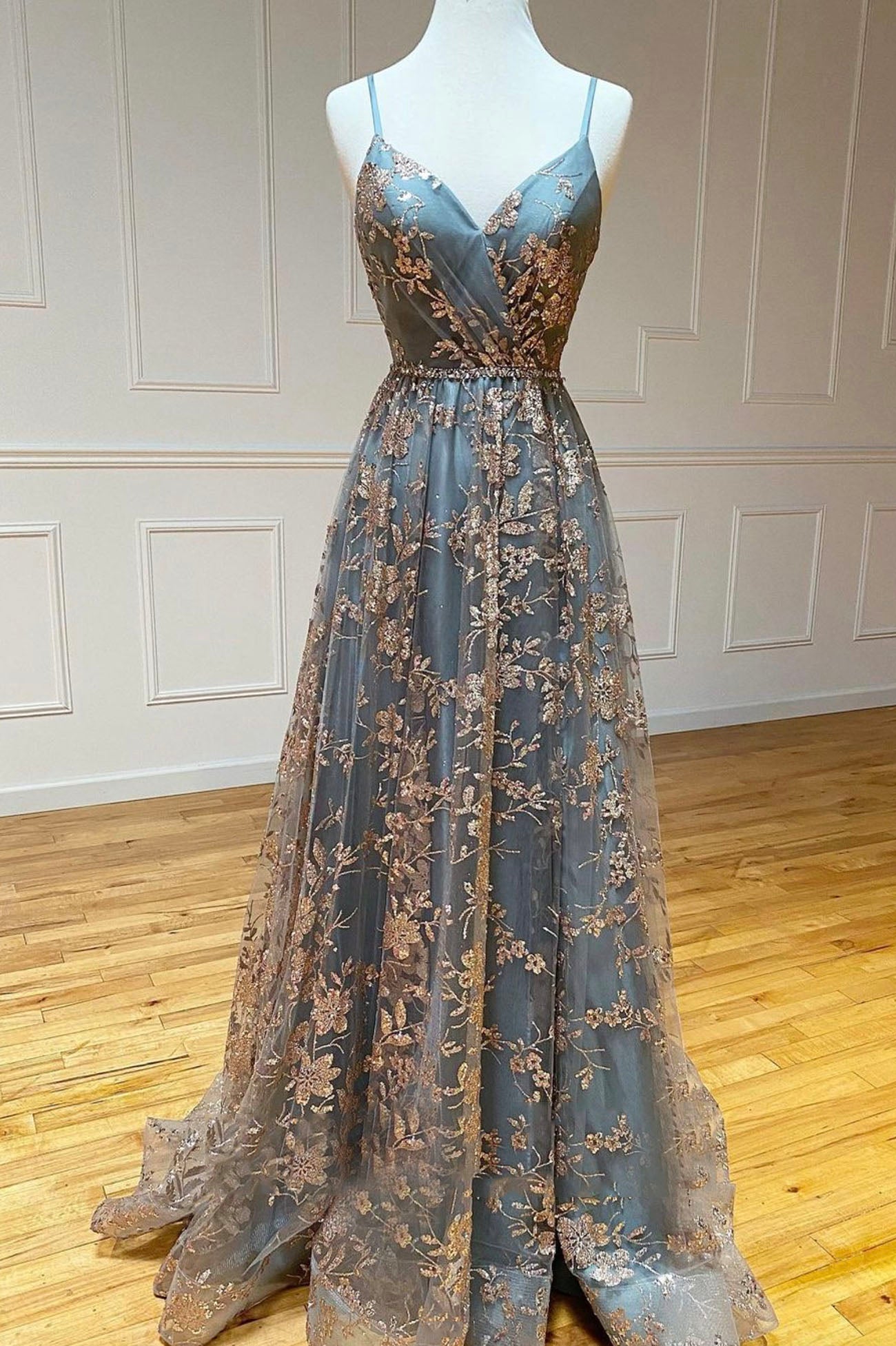 Grey Tulle Sequins Long Prom Dresses, A-Line Spaghetti Straps Evening Dresses US 2 / Grey Grey Tulle Sequins Long Prom Dresses, A-Line Spaghetti Straps Evening Dresses US 2 / Grey