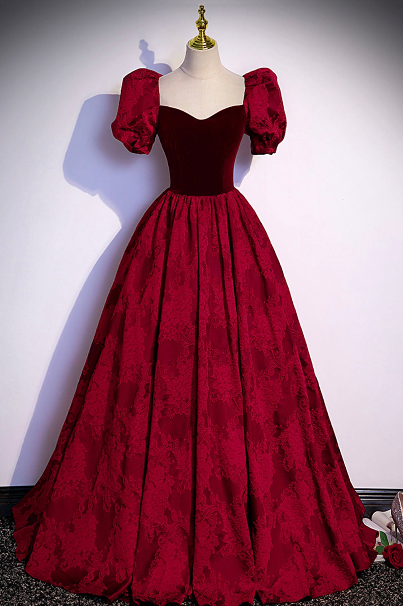 Burgundy Velvet Long A-Line Prom Dress, Short Sleeve Evening Dress US 4 / Burgundy Burgundy Velvet Long A-Line Prom Dress, Short Sleeve Evening Dress US 4 / Burgundy