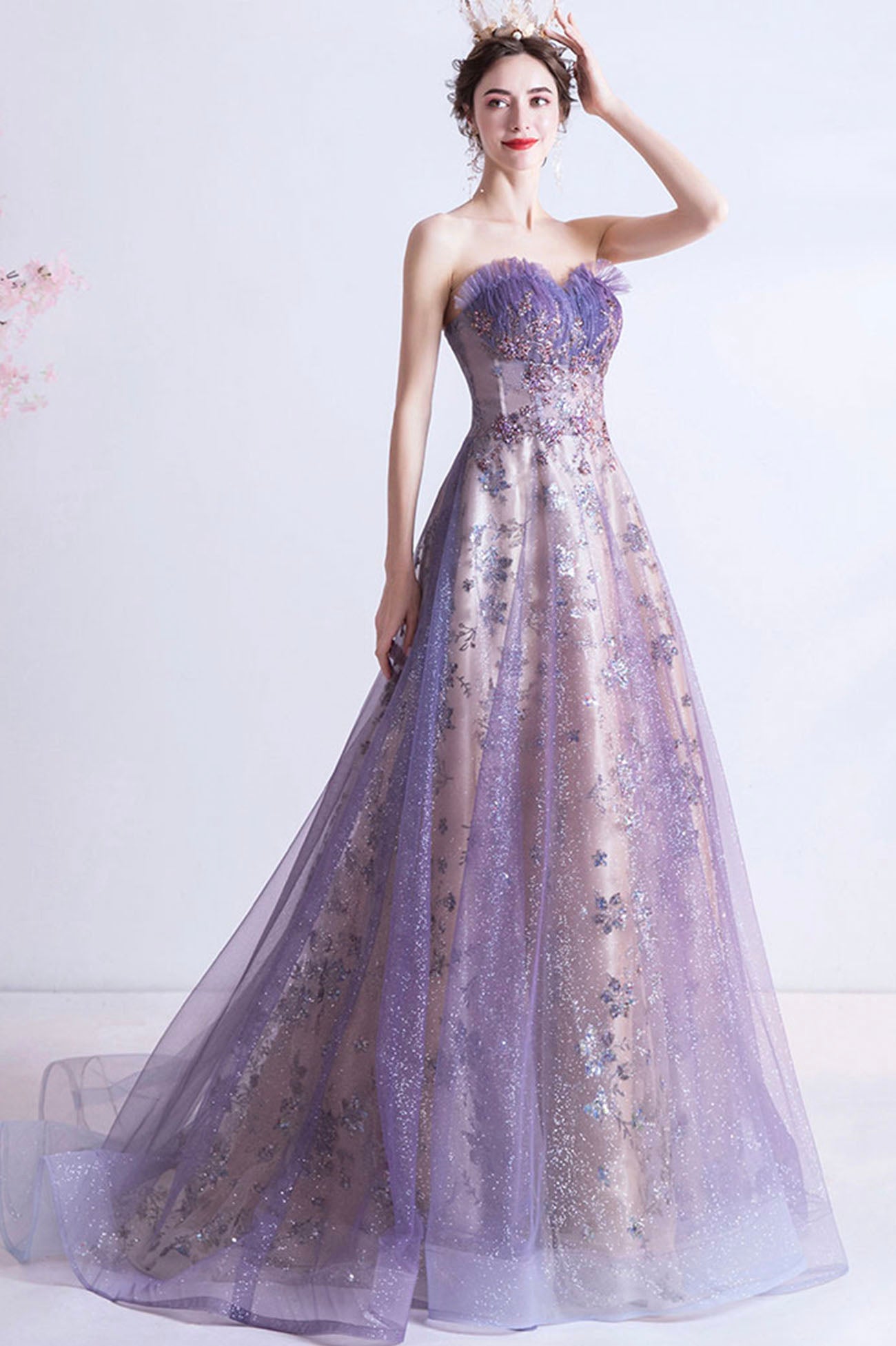 Eightree Sparkle Purple Tulle Evening Dresses Long A Line Sequined