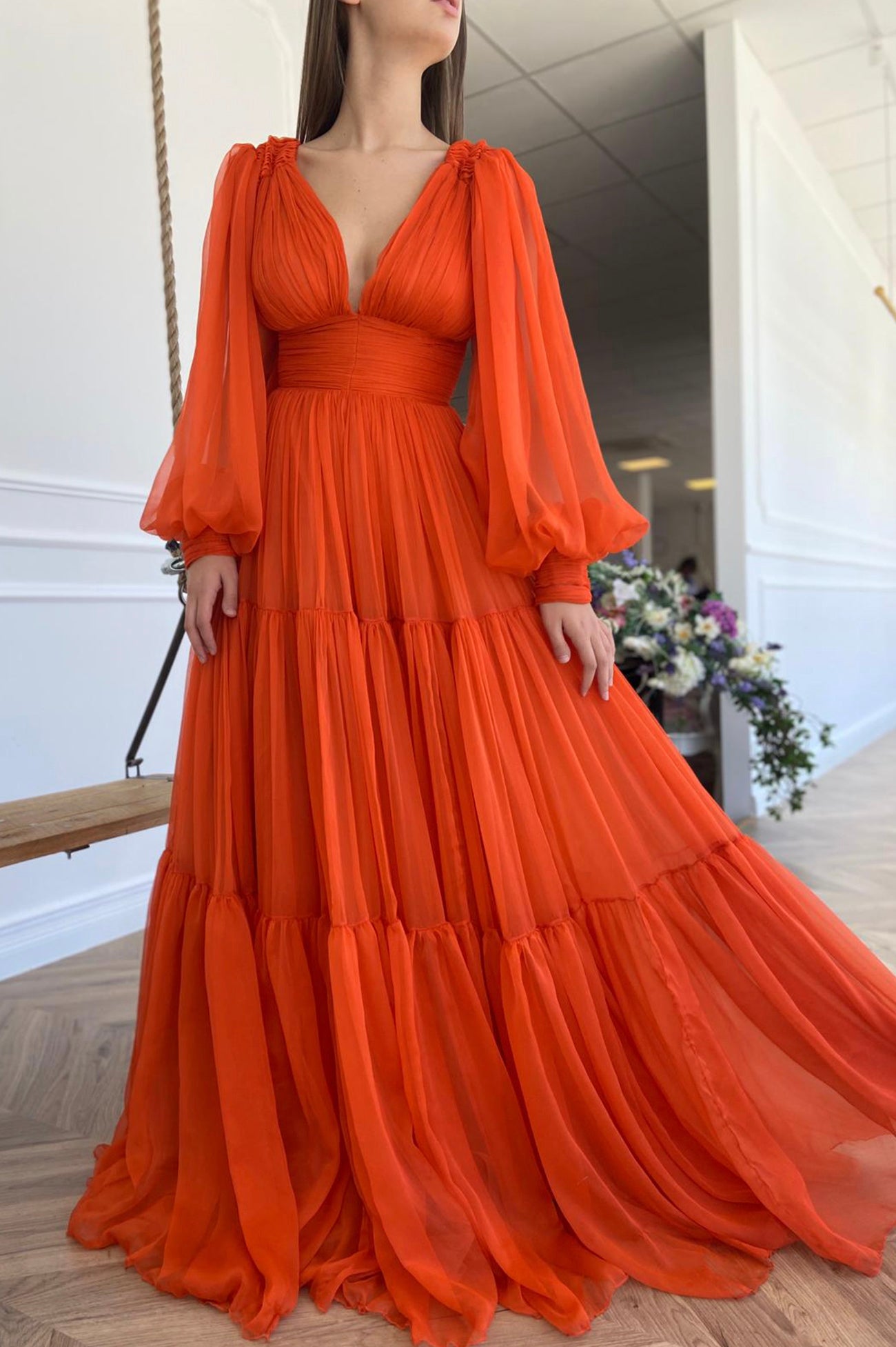 A-Line Chiffon Long Sleeve Prom Dress, Orange V-Neck Evening Dress US 6 / Orange A-Line Chiffon Long Sleeve Prom Dress, Orange V-Neck Evening Dress US 6 / Orange