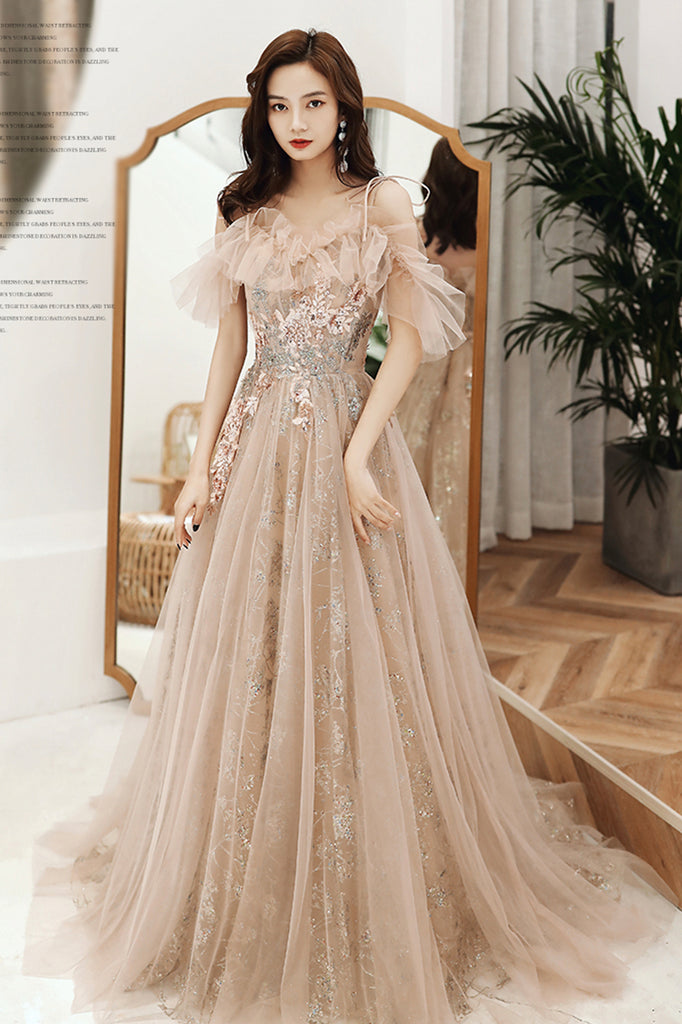 Champagne Tulle Sequins Long Formal Party Dresses, Off the Shoulder Pr Loveydress Champagne Tulle Sequins Long Formal Party Dresses, Off the Shoulder Pr Loveydress