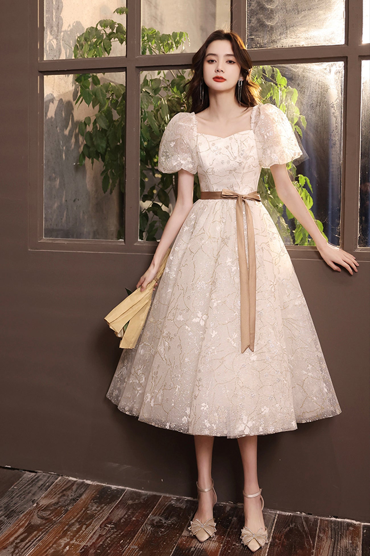 lace sleeve prom dress White Tulle Short Sleeve Prom Dress, Cute A-Line Party Homecoming Dress US 2 / White