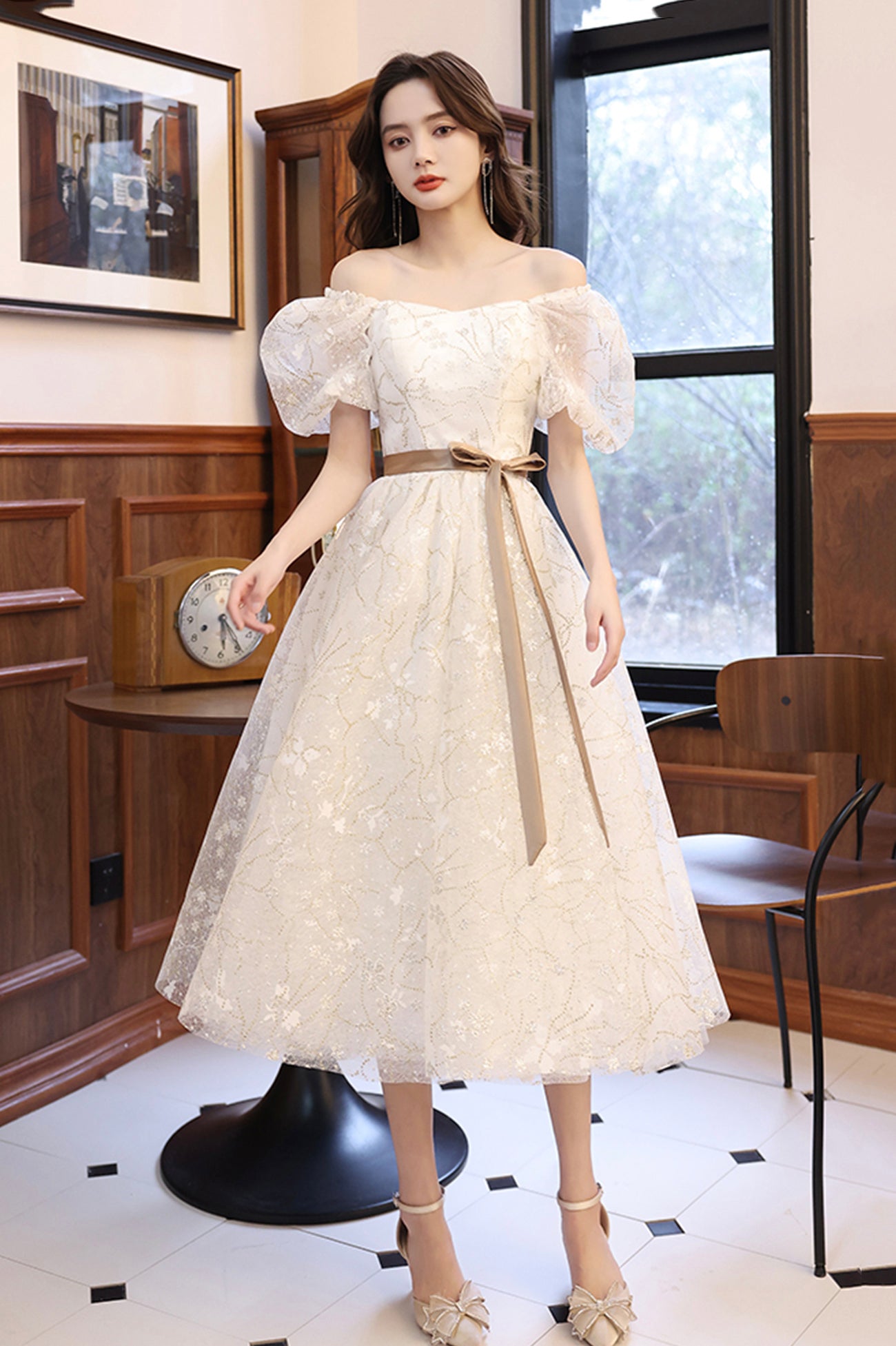 lace sleeve prom dress White Tulle Short Sleeve Prom Dress, Cute A-Line Party Homecoming Dress US 2 / White