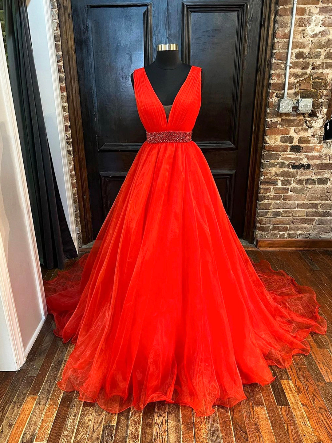 Red V-Neck Tulle Long Prom Dress, Red A-Line Evening Dress with Beaded US 14 / Custom Color Red V-Neck Tulle Long Prom Dress, Red A-Line Evening Dress with Beaded US 14 / Custom Color