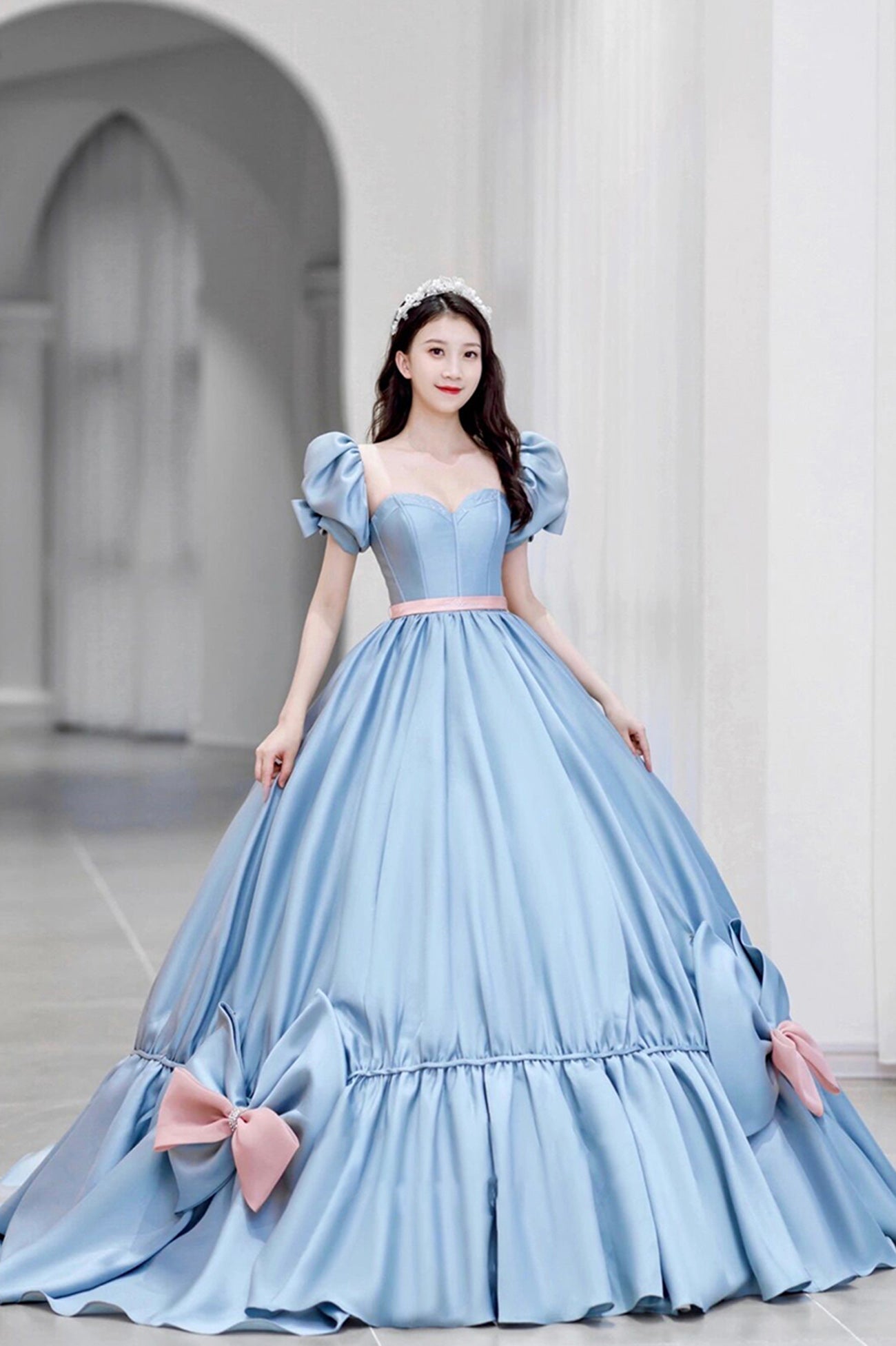 Blue Satin A-Line Princess Dress, Blue A-Line Evening Gown with Bow Loveydress Blue Satin A-Line Princess Dress, Blue A-Line Evening Gown with Bow Loveydress