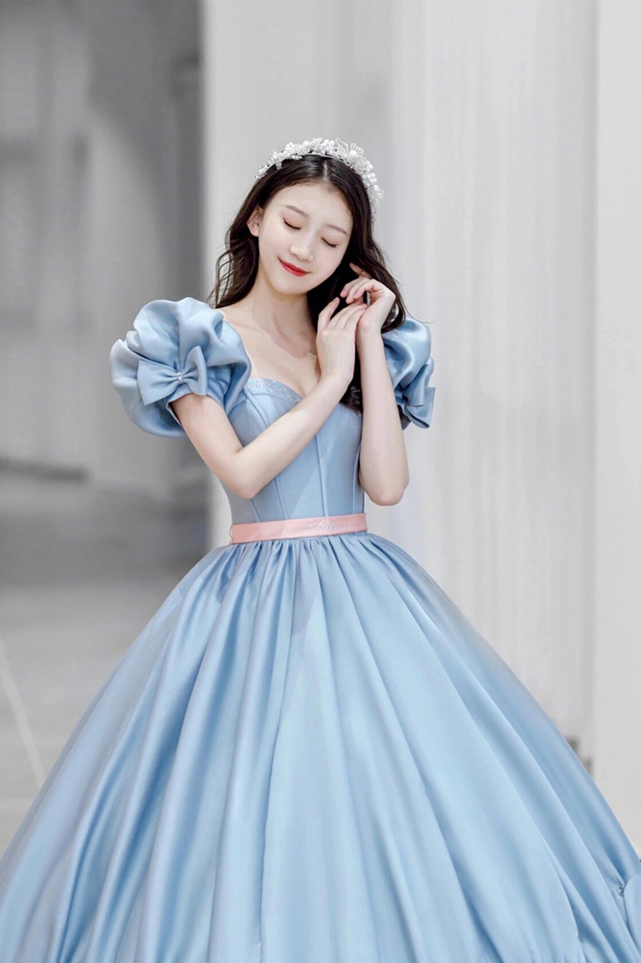 Blue Satin A-Line Princess Dress, Blue A-Line Evening Gown with Bow ...