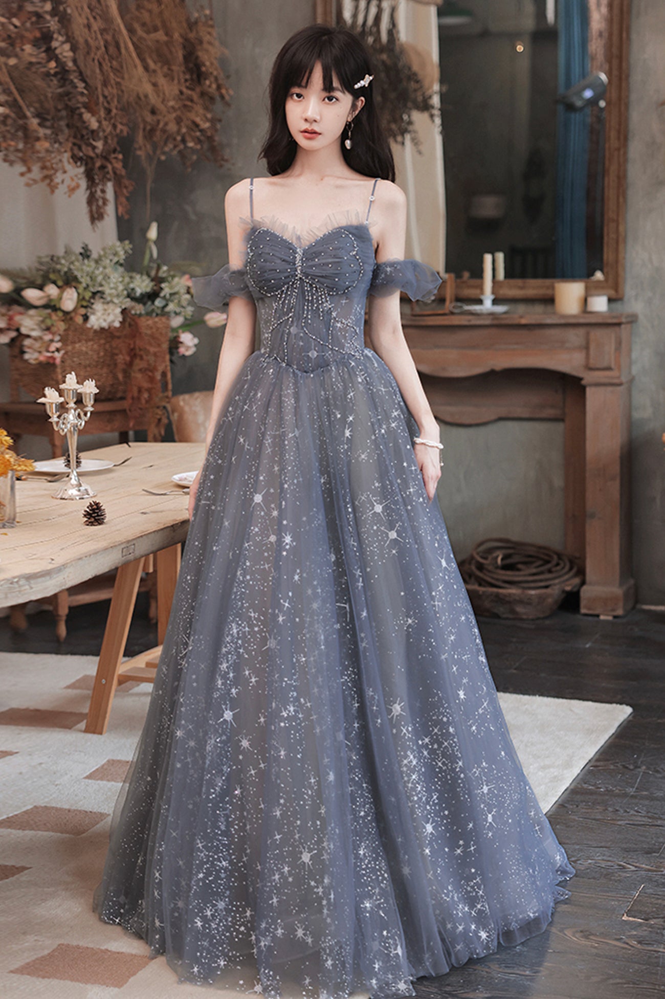 Gray Blue Tulle Long Prom Dresses, A-Line Spaghetti Straps Evening Dresses US 12 / Picture Color Gray Blue Tulle Long Prom Dresses, A-Line Spaghetti Straps Evening Dresses US 12 / Picture Color