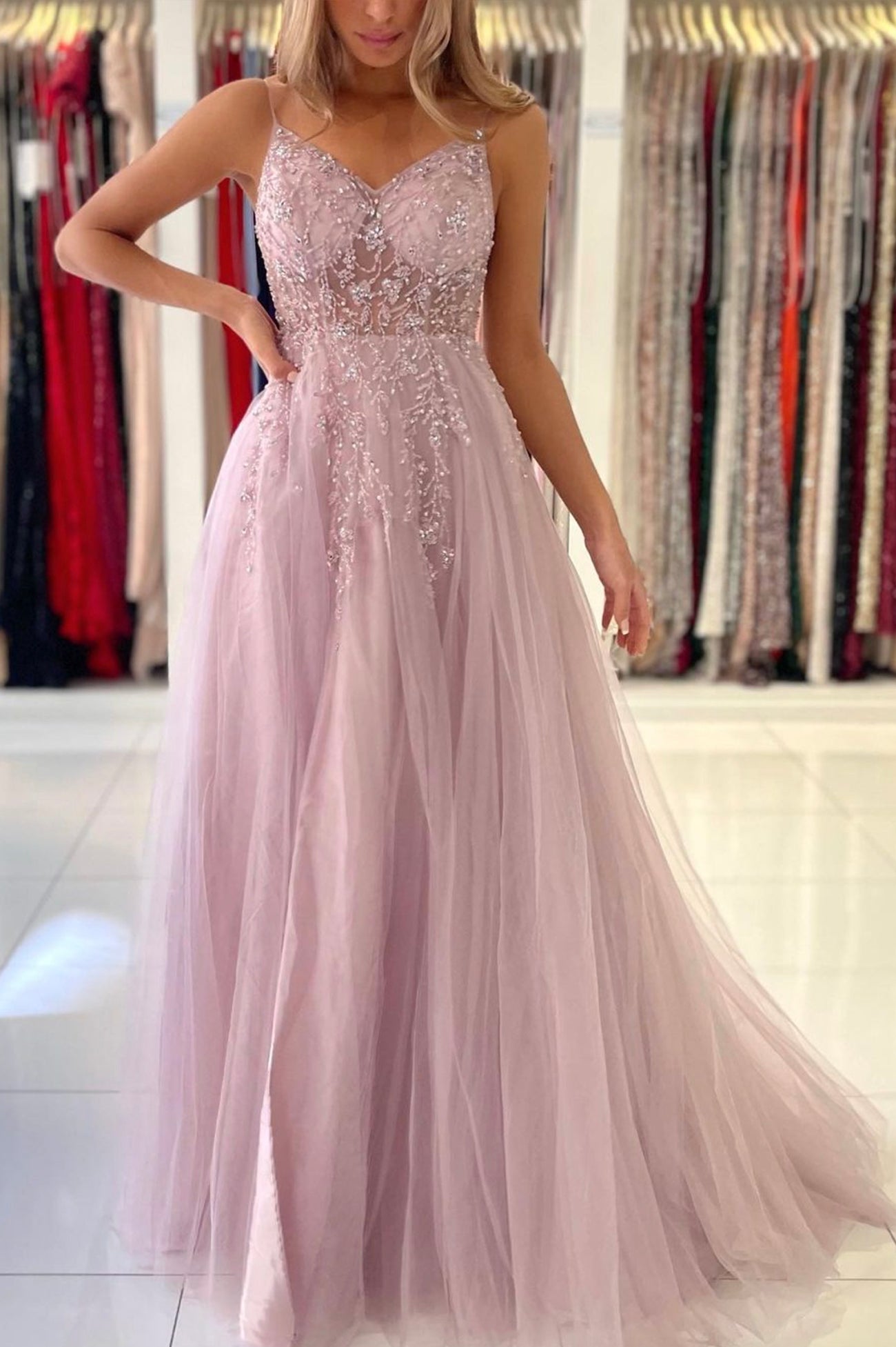 Pink V-Neck Tulle Beaded Long Formal Dress, A-Line Evening Dress with Slit