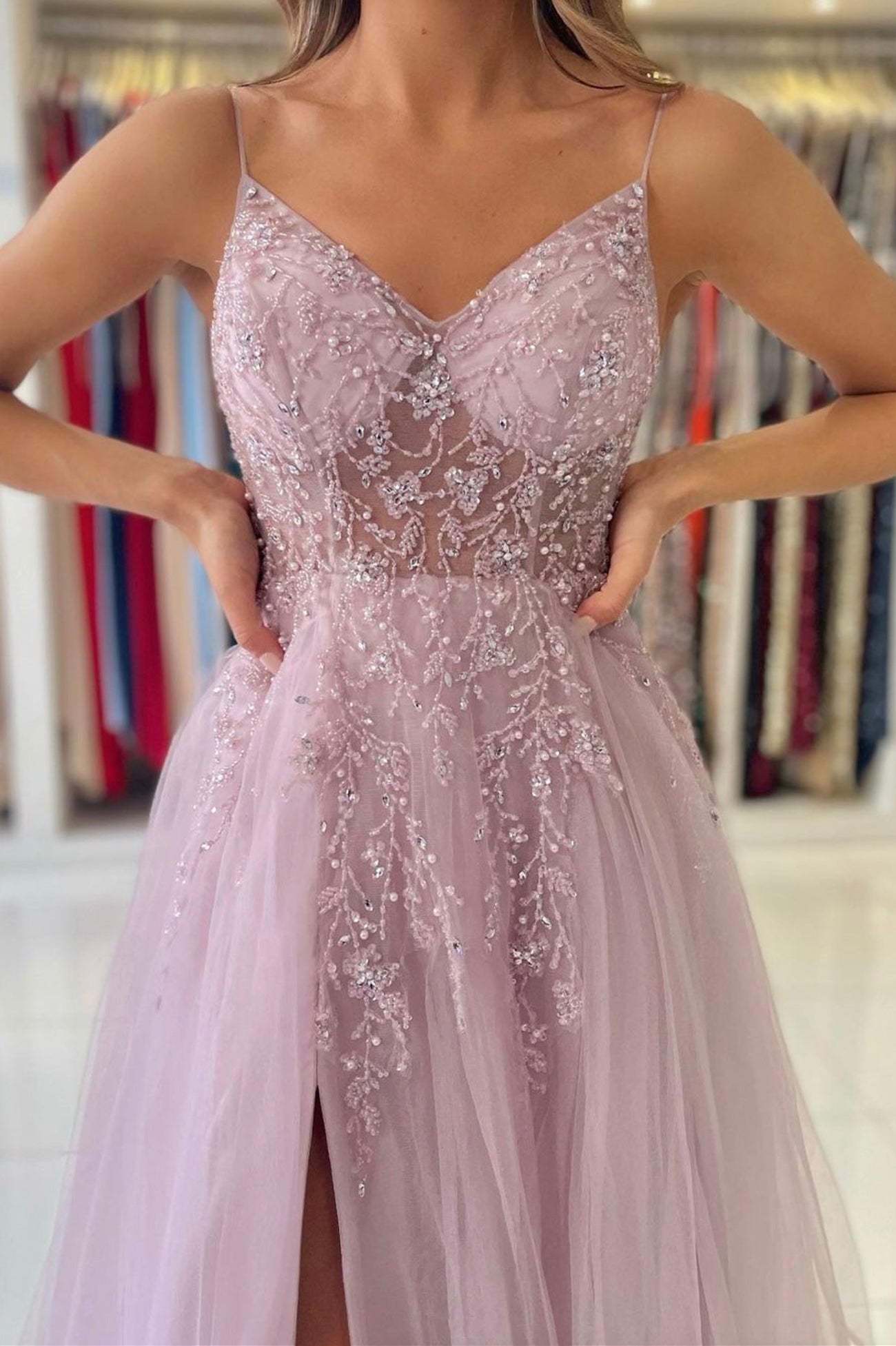 Pink V-Neck Tulle Beaded Long Formal Dress, A-Line Evening Dress with Slit US 4 / Custom Color