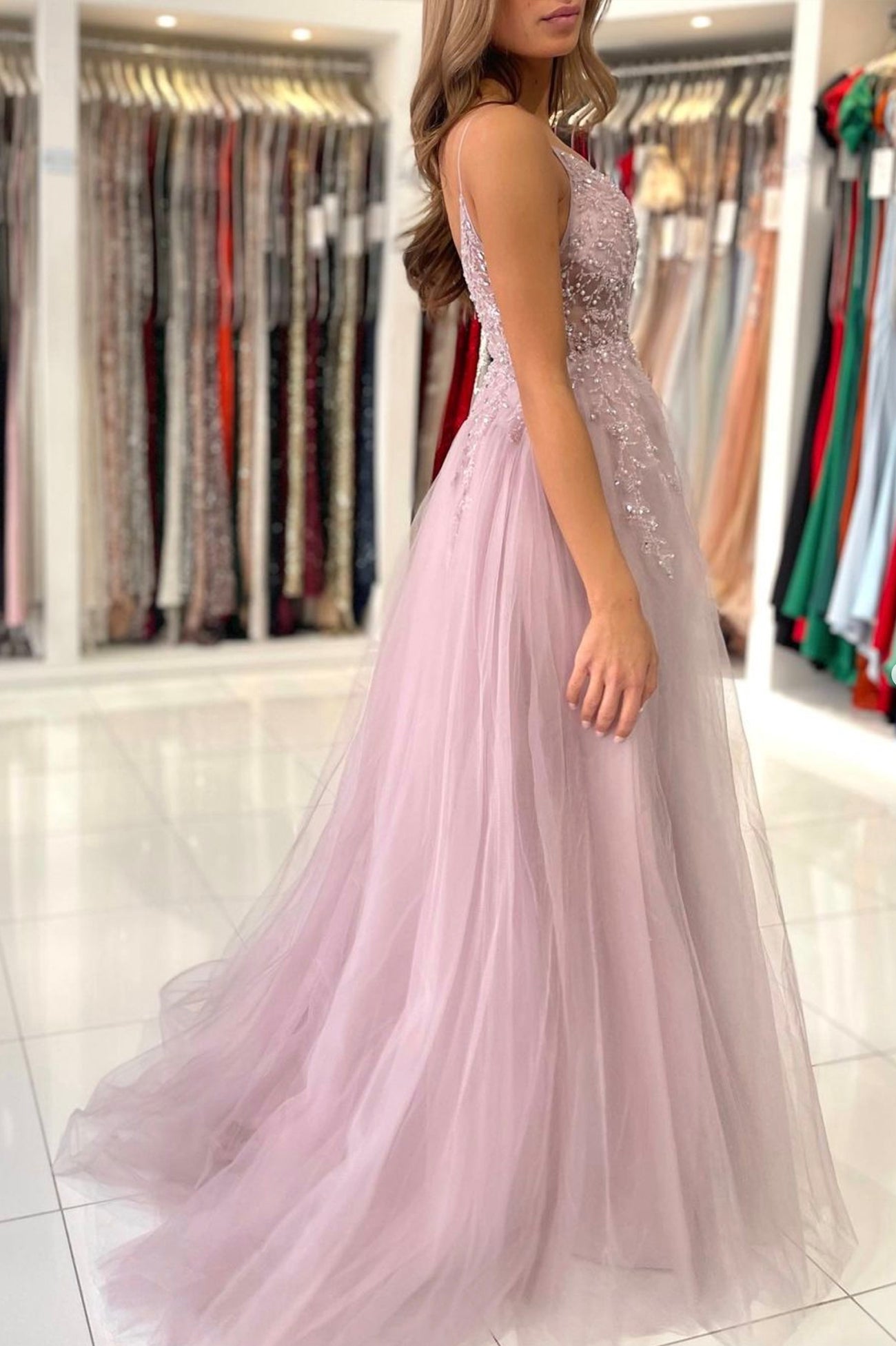 pink and grey formal dress Portia and Scarlett PS25199 Prom Long Floral Applique Formal Dress