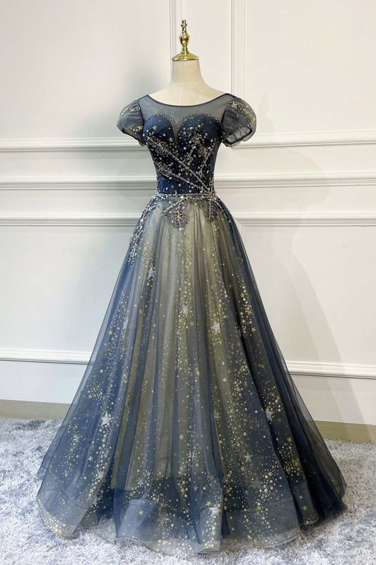 Blue Scoop Neckline Tulle Long Prom Dress, A-Line Evening Dress US 6 / Custom Color Blue Scoop Neckline Tulle Long Prom Dress, A-Line Evening Dress US 6 / Custom Color