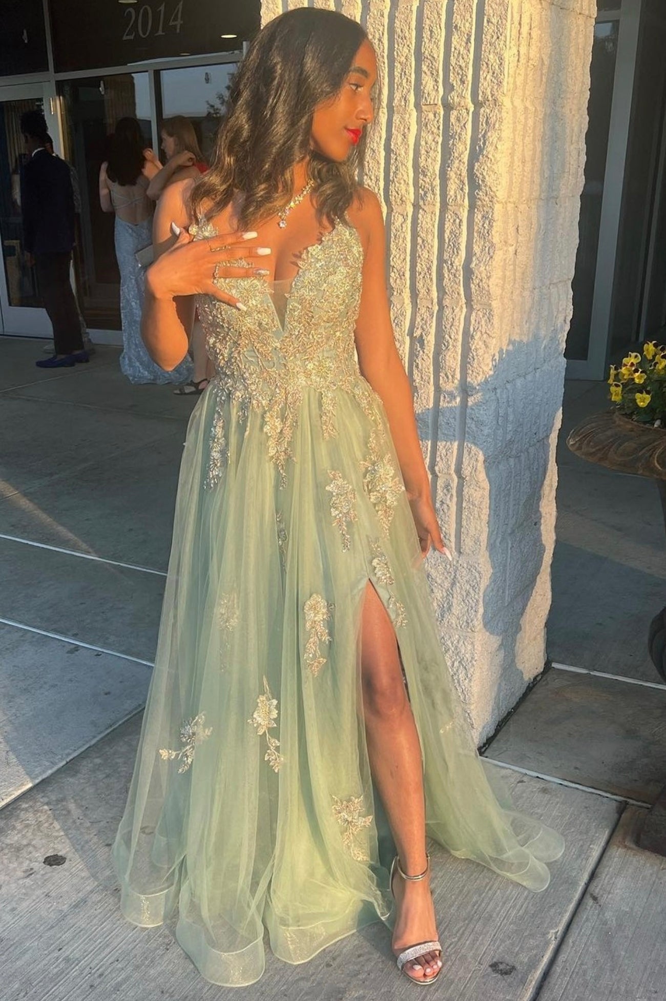 Green V-Neck Lace Long Prom Dress, A-Line Evening Dress with Slit US 4 / Custom Color Green V-Neck Lace Long Prom Dress, A-Line Evening Dress with Slit US 4 / Custom Color