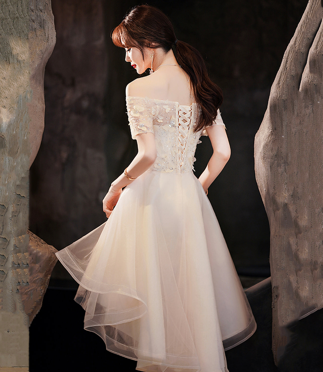 champagne high low prom dresses Champagne Tulle Lace Short Prom Dress, Champagne Homecoming Dresses Custom Size / Custom Color