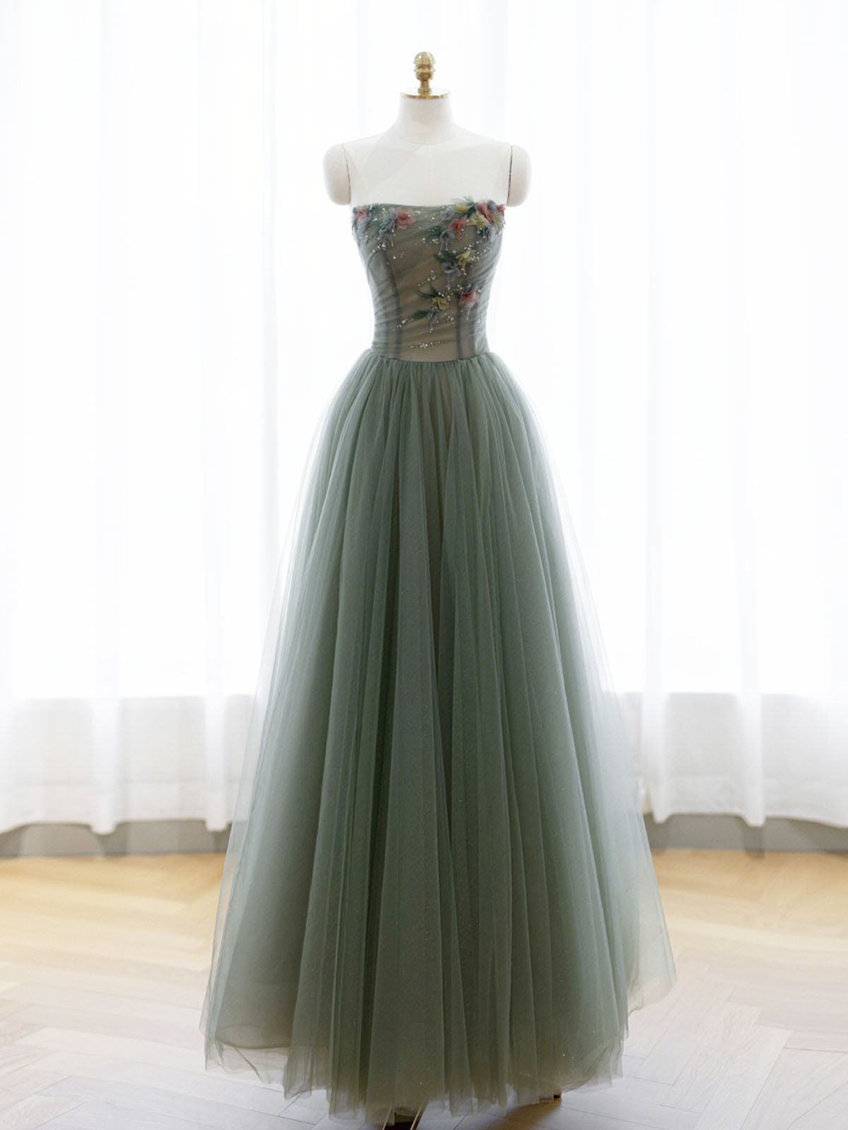 A-Line Green Tulle Long Prom Dress, Off the Shoulder Evening Party Dre Loveydress A-Line Green Tulle Long Prom Dress, Off the Shoulder Evening Party Dre Loveydress