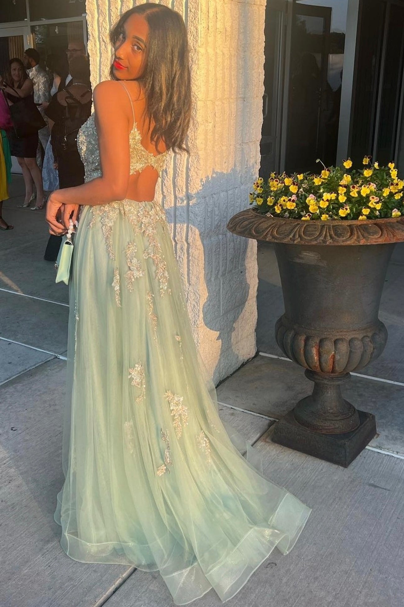 Green V-neck Lace Long Prom Dress, A-Line Evening Dress with Slit US 4 / Custom Color Green V-neck Lace Long Prom Dress, A-Line Evening Dress with Slit US 4 / Custom Color