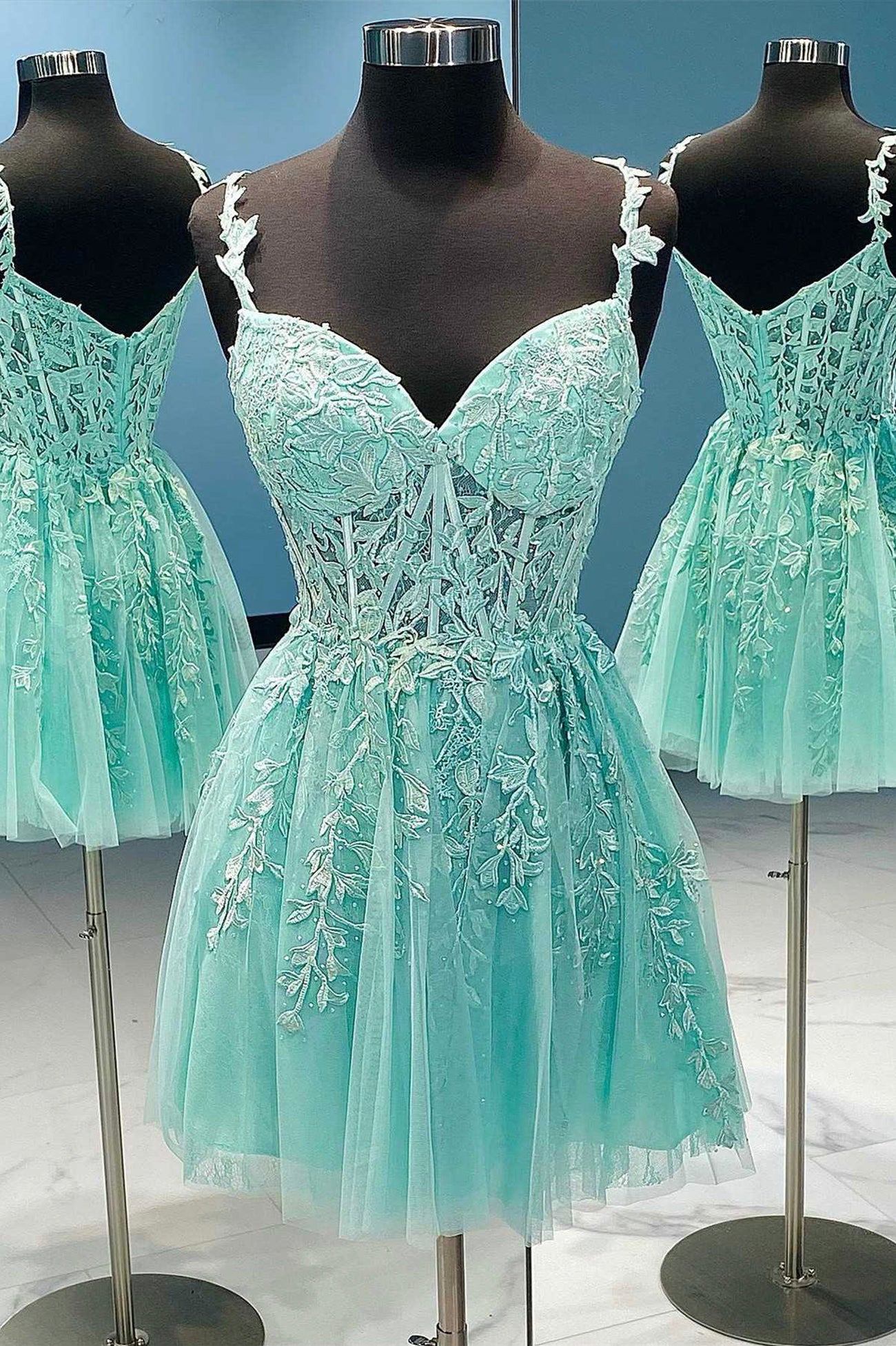 A-Line Tulle Lace Short Prom Dress, Cute Spaghetti Strap Party Dress Loveydress A-Line Tulle Lace Short Prom Dress, Cute Spaghetti Strap Party Dress Loveydress