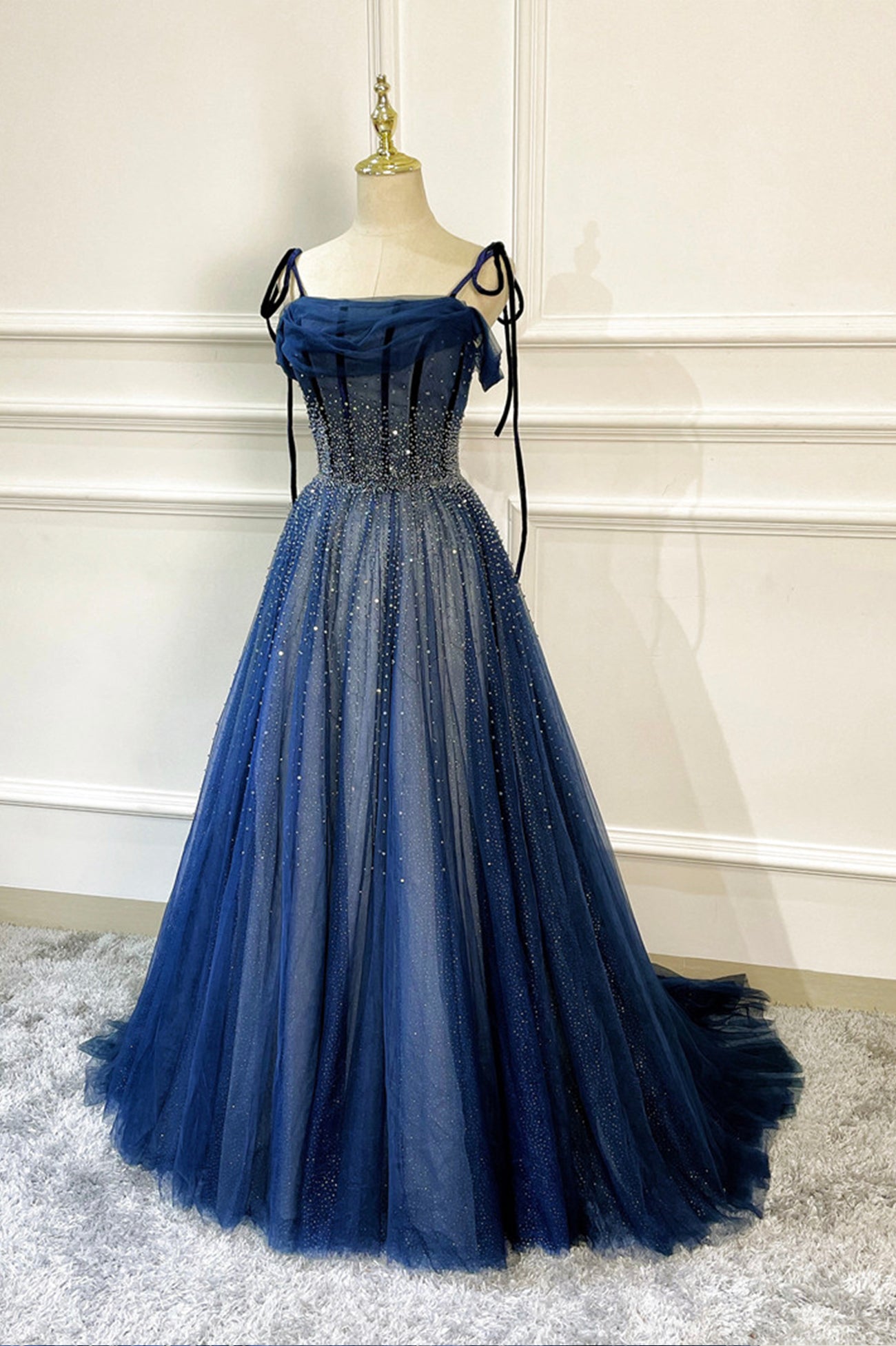 Blue Long Tulle Beaded Prom Dress, Blue Evening Party Dress Loveydress Blue Long Tulle Beaded Prom Dress, Blue Evening Party Dress Loveydress