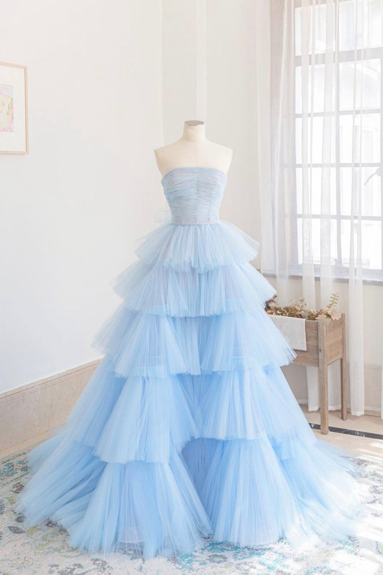 Blue Layers Tulle Long Prom Dresses, A-Line Strapless Evening Dresses Loveydress Blue Layers Tulle Long Prom Dresses, A-Line Strapless Evening Dresses Loveydress