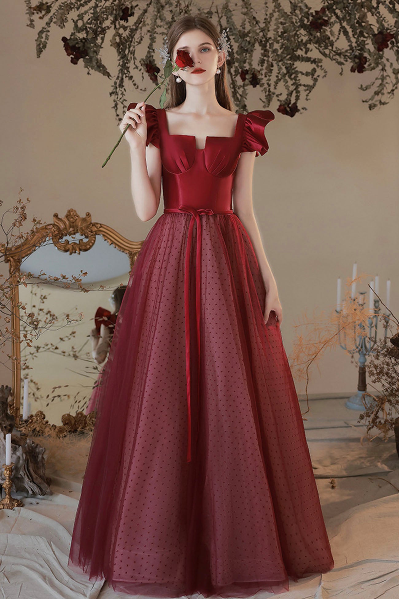 Burgundy Satin Tulle Long Prom Dress, A-Line Evening Dress US 12 / Burgundy Burgundy Satin Tulle Long Prom Dress, A-Line Evening Dress US 12 / Burgundy