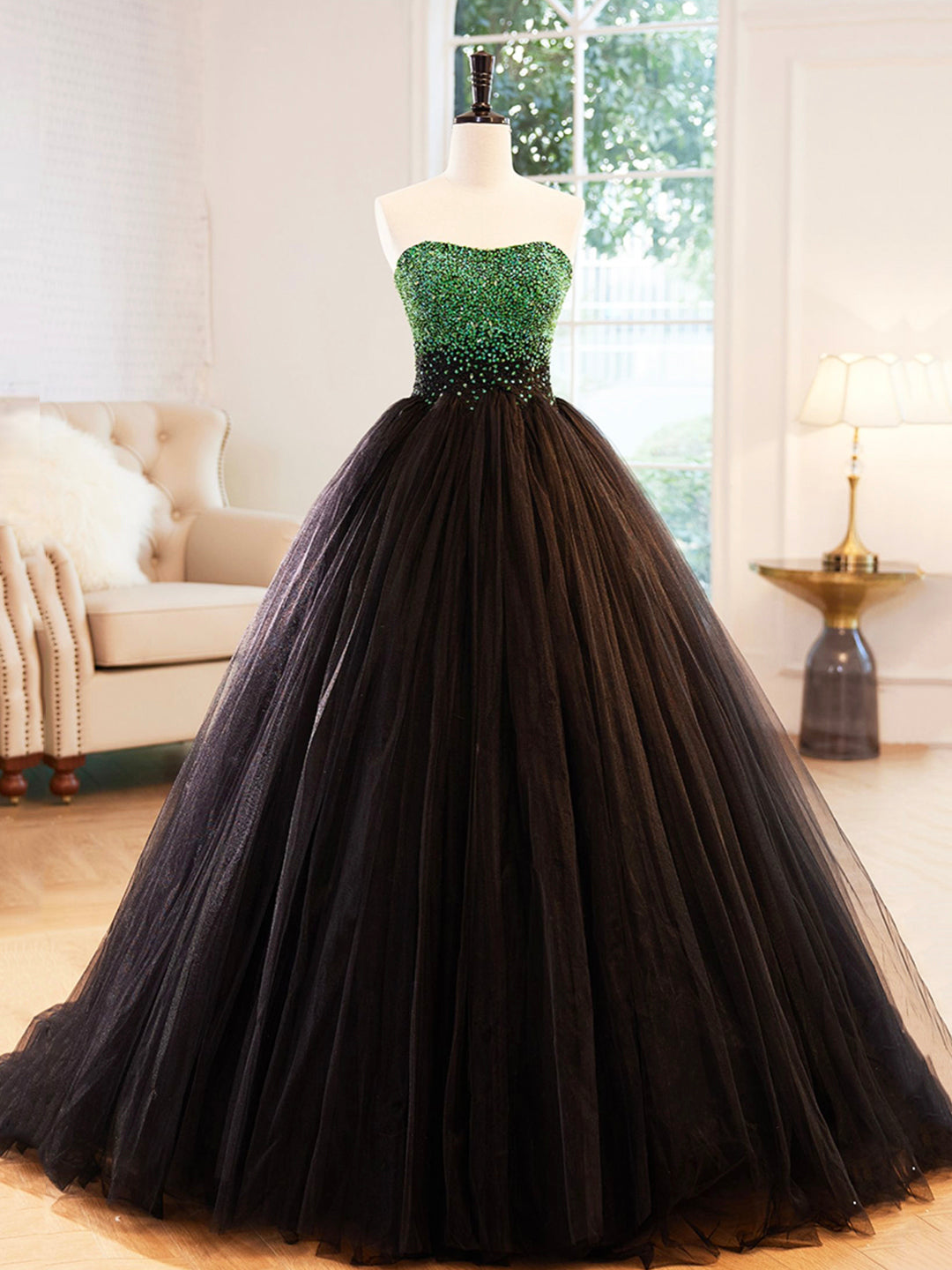 Black Strapless Tulle Long Prom Dress with Green Beaded, A-Line Formal Loveydress Black Strapless Tulle Long Prom Dress with Green Beaded, A-Line Formal Loveydress